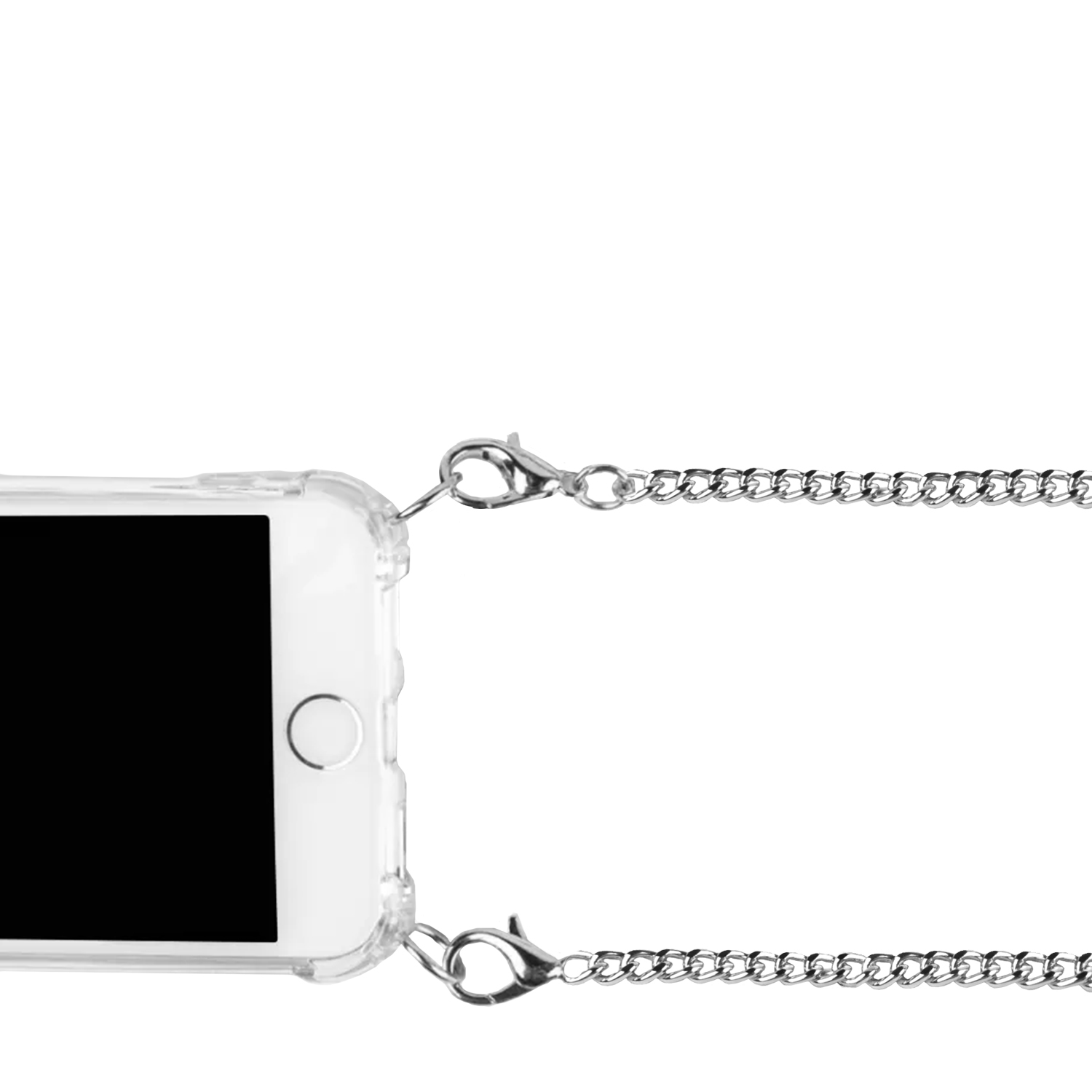 Una custodia trasparente per telefono con una catena d'argento, su sfondo bianco.