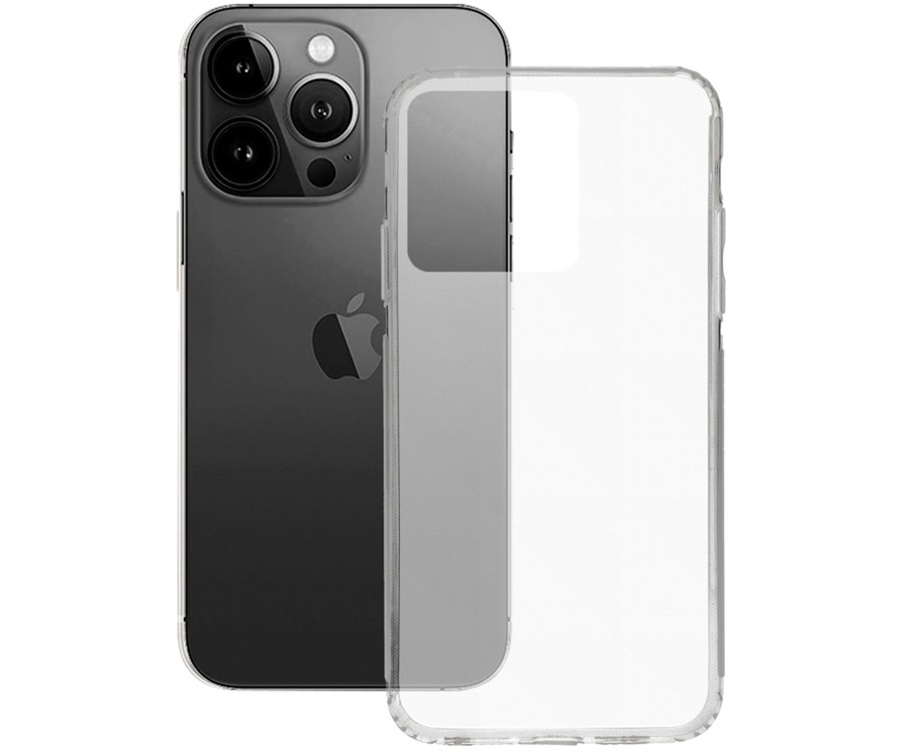 Un iPhone nero e una custodia trasparente. Il telefono è a sinistra e la custodia a destra.