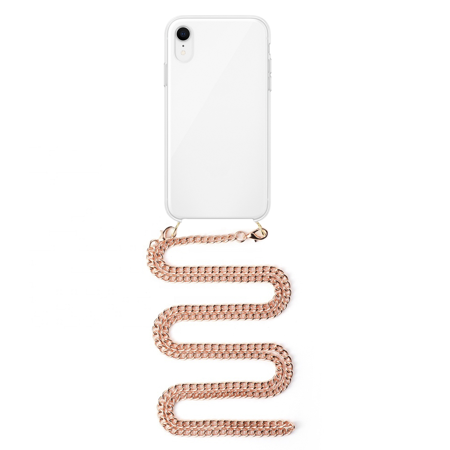 Smartphone bianco con catena oro rosa. Il telefono è attaccato alla catena.