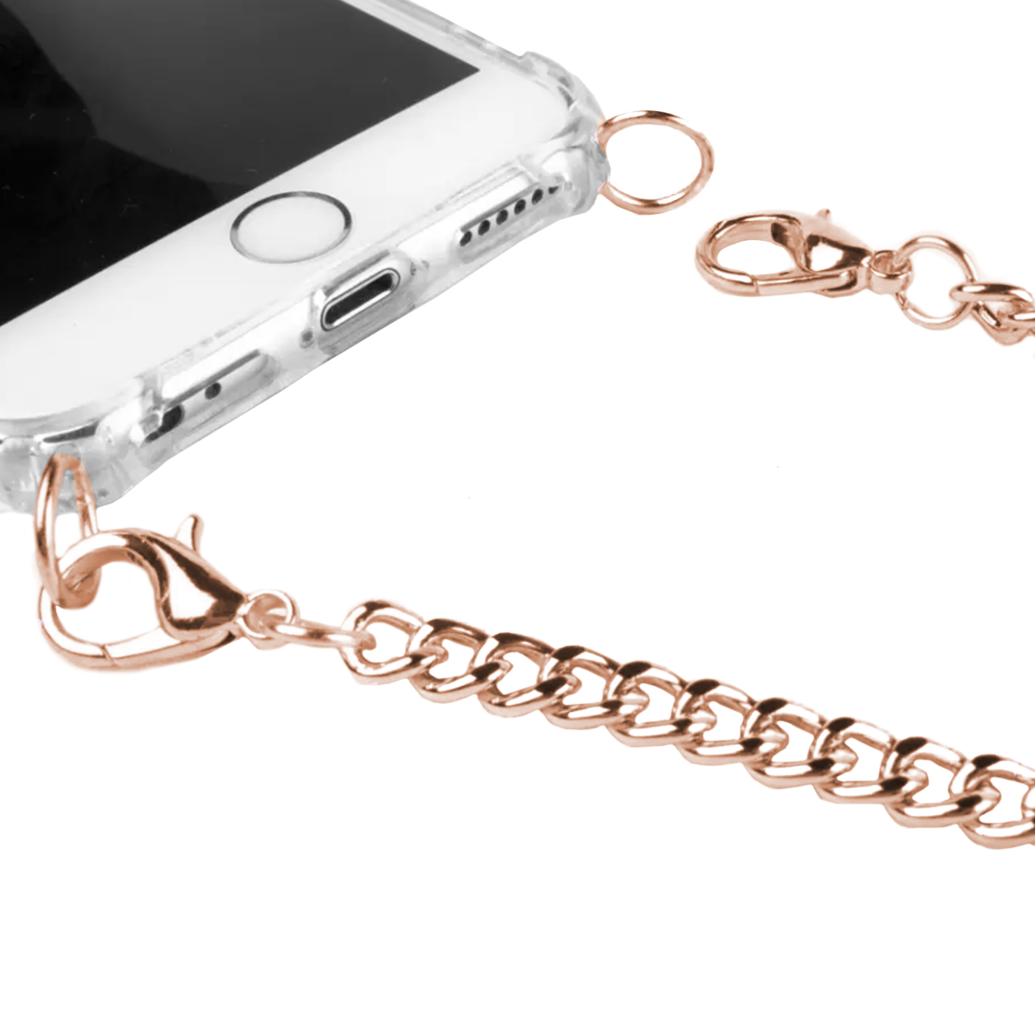 Custodia trasparente con catena color oro rosa. Parte inferiore del telefono visibile.