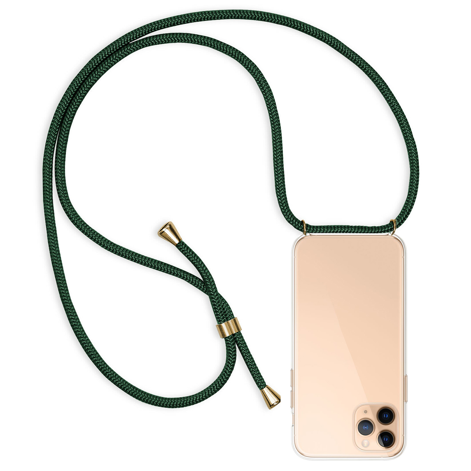 Una custodia per telefono con un cordino verde, e un telefono è visibile dal retro.