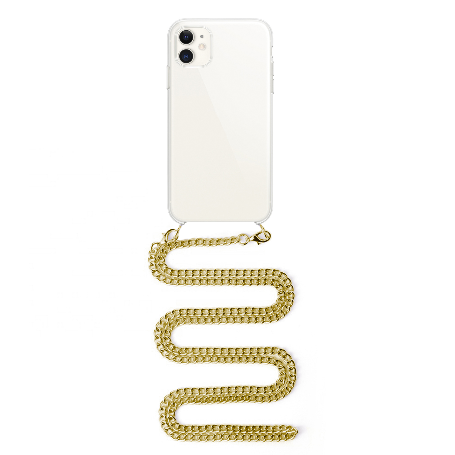 Un telefono bianco con custodia trasparente e catena dorata, appeso su sfondo bianco.