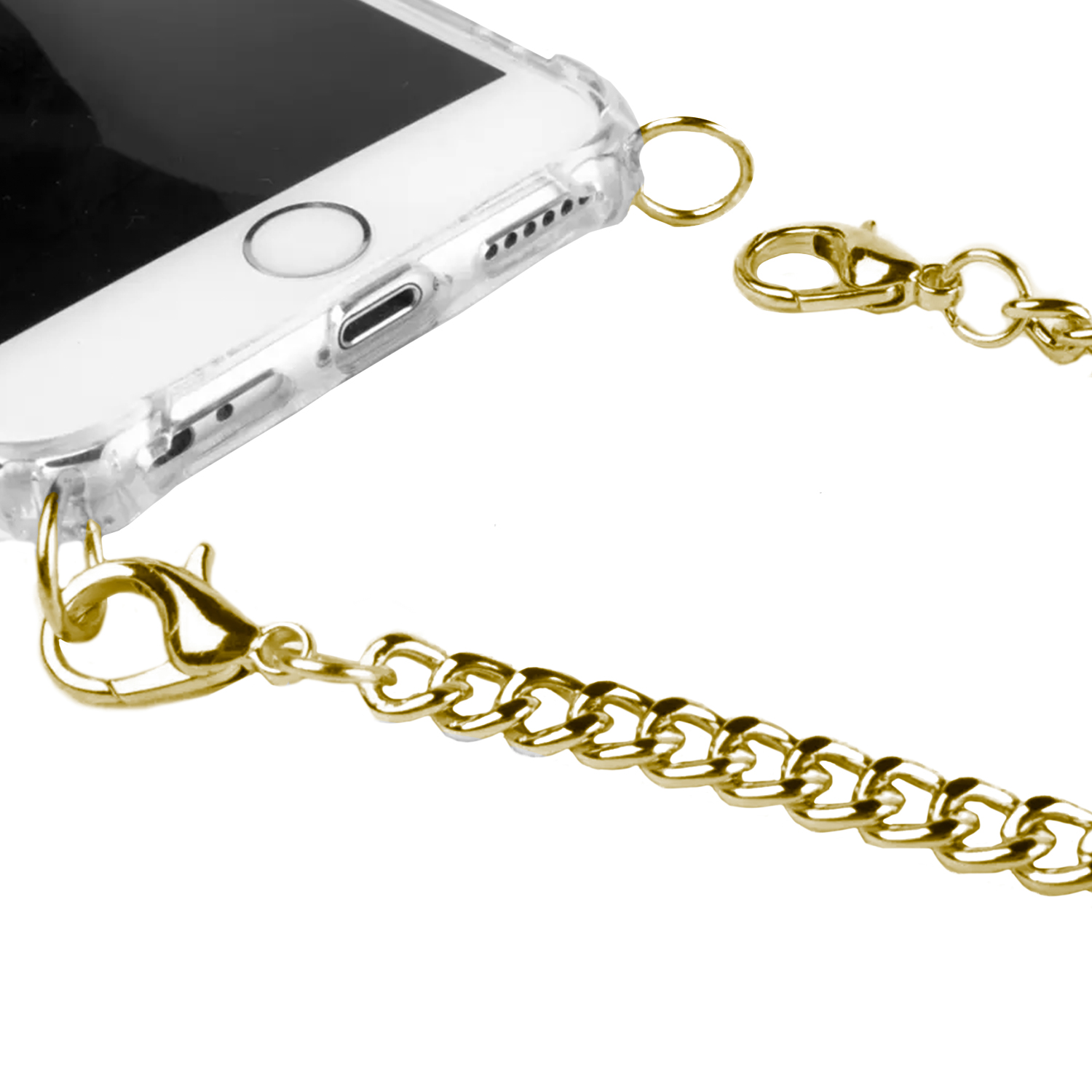 Catena d'oro e custodia del telefono. La catena è attaccata alla custodia del telefono. Lo sfondo è bianco.