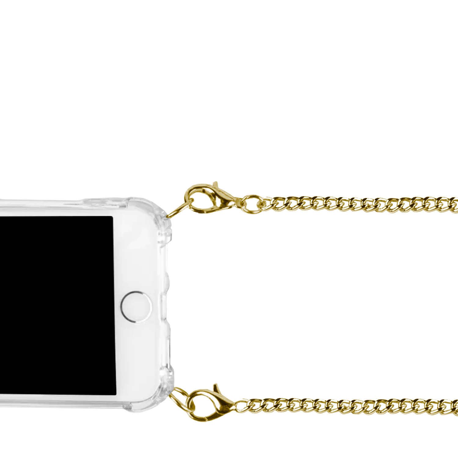 Un telefono in una custodia trasparente con una catena d'oro. Chiusure dorate attaccate.