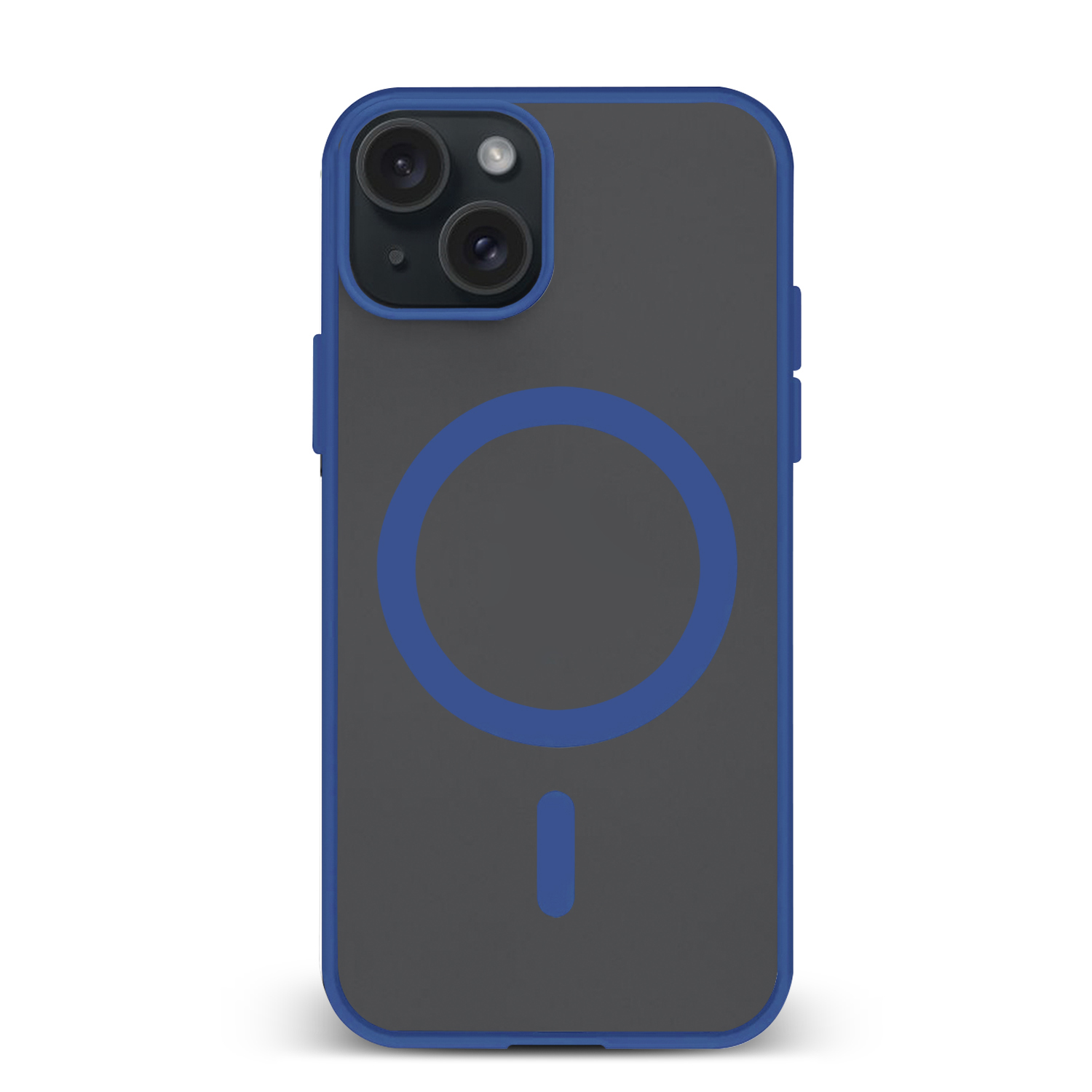Custodia per telefono con retro grigio, bordi blu e design a cerchio e barra blu.