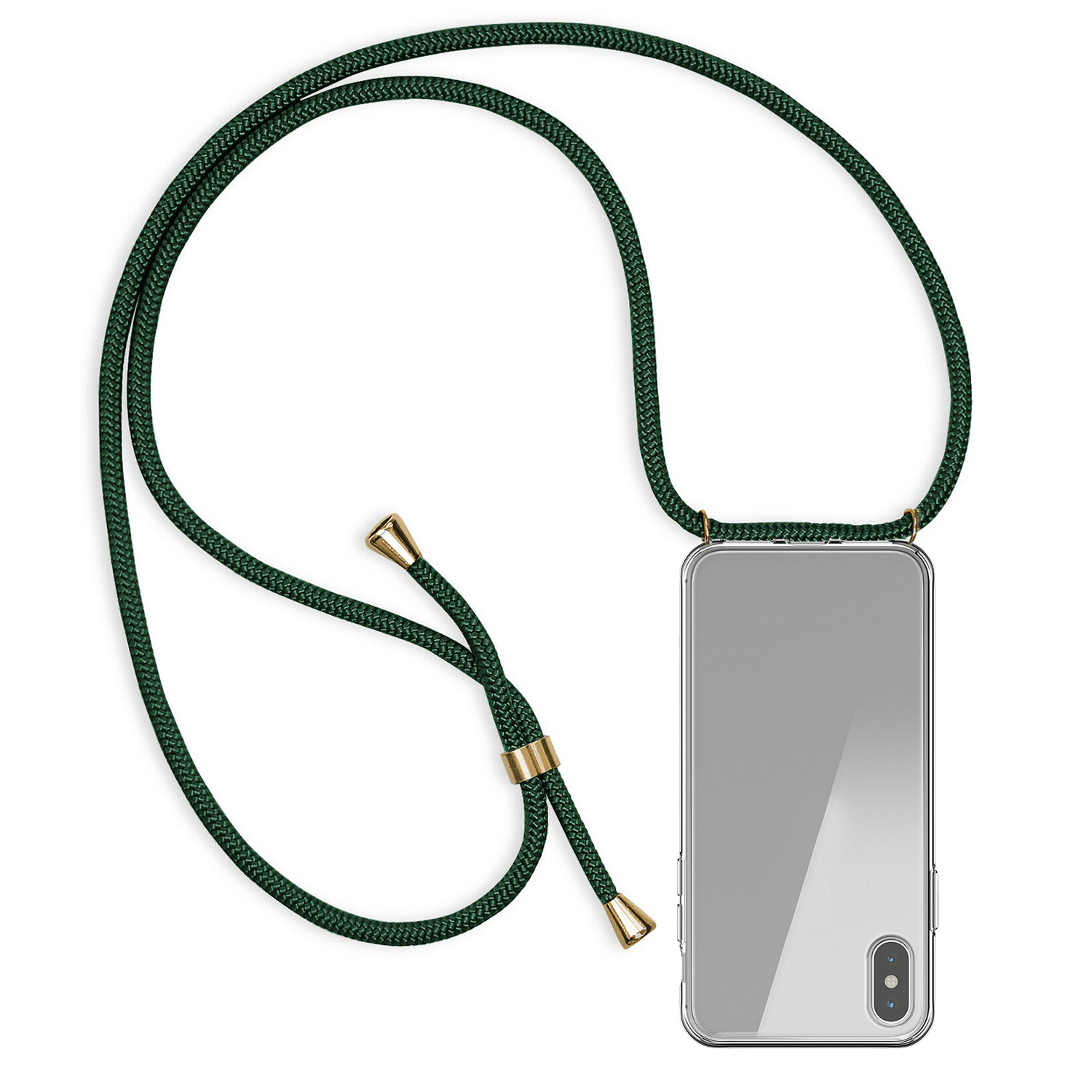 Laccetto verde per telefono con custodia argentata. Sfondo bianco.