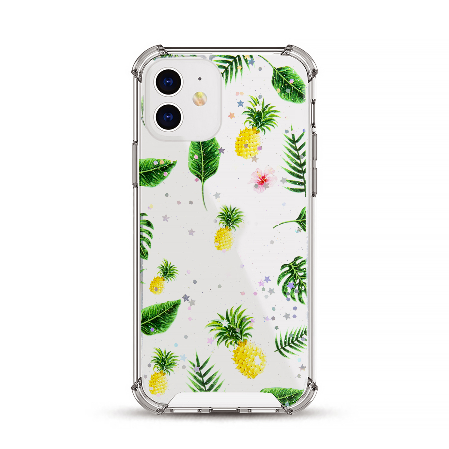 Una custodia per telefono con un motivo di ananas tropicali, foglie e stelle su sfondo bianco.