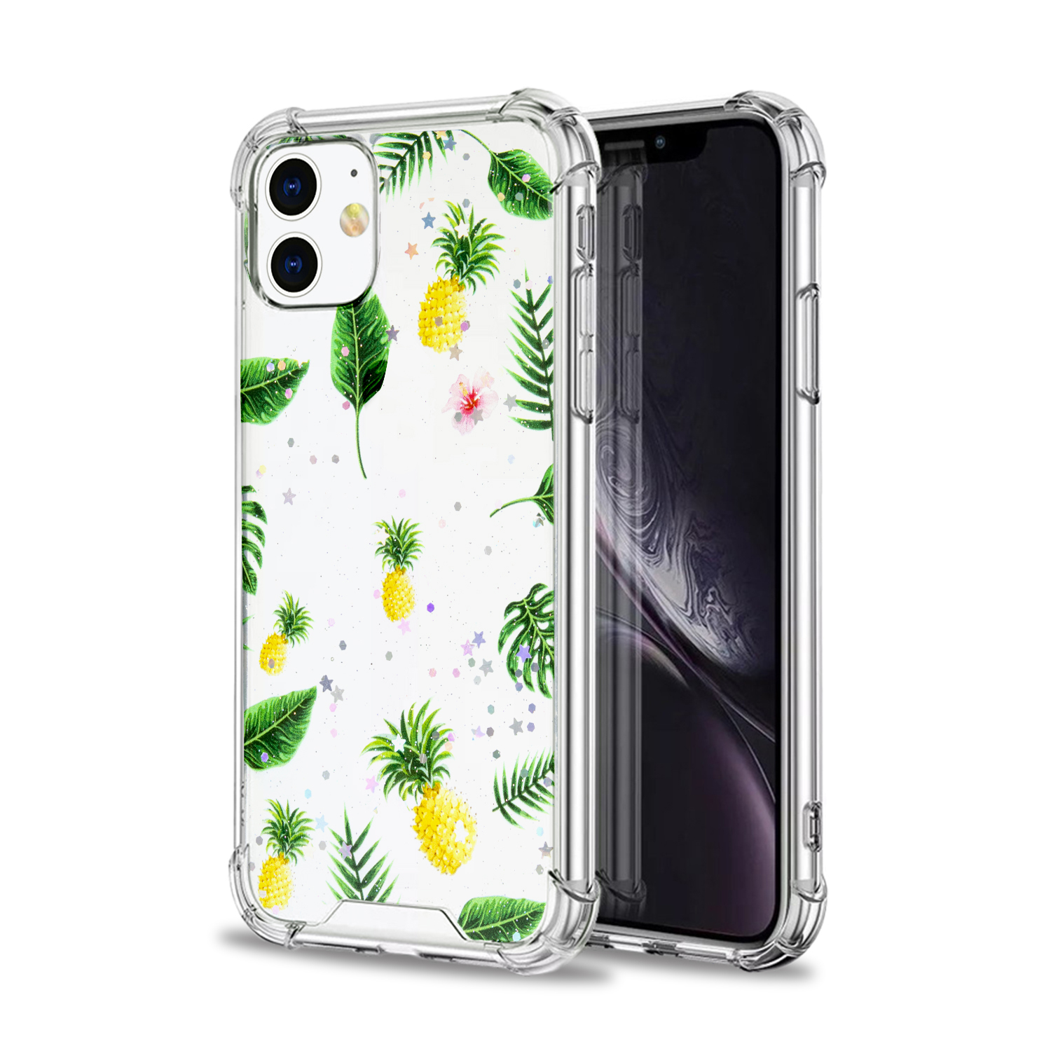 Custodia trasparente per telefono con un design di ananas. Foglie verdi e stelle. Sfondo bianco.