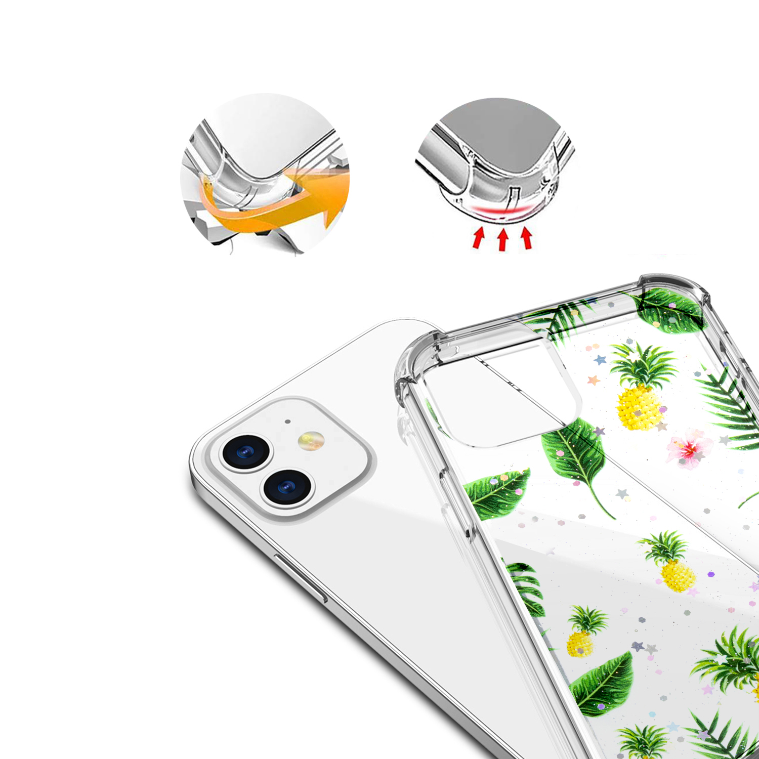 Custodia trasparente per telefono con design ananas e foglie, frecce mostrano le caratteristiche di assorbimento.