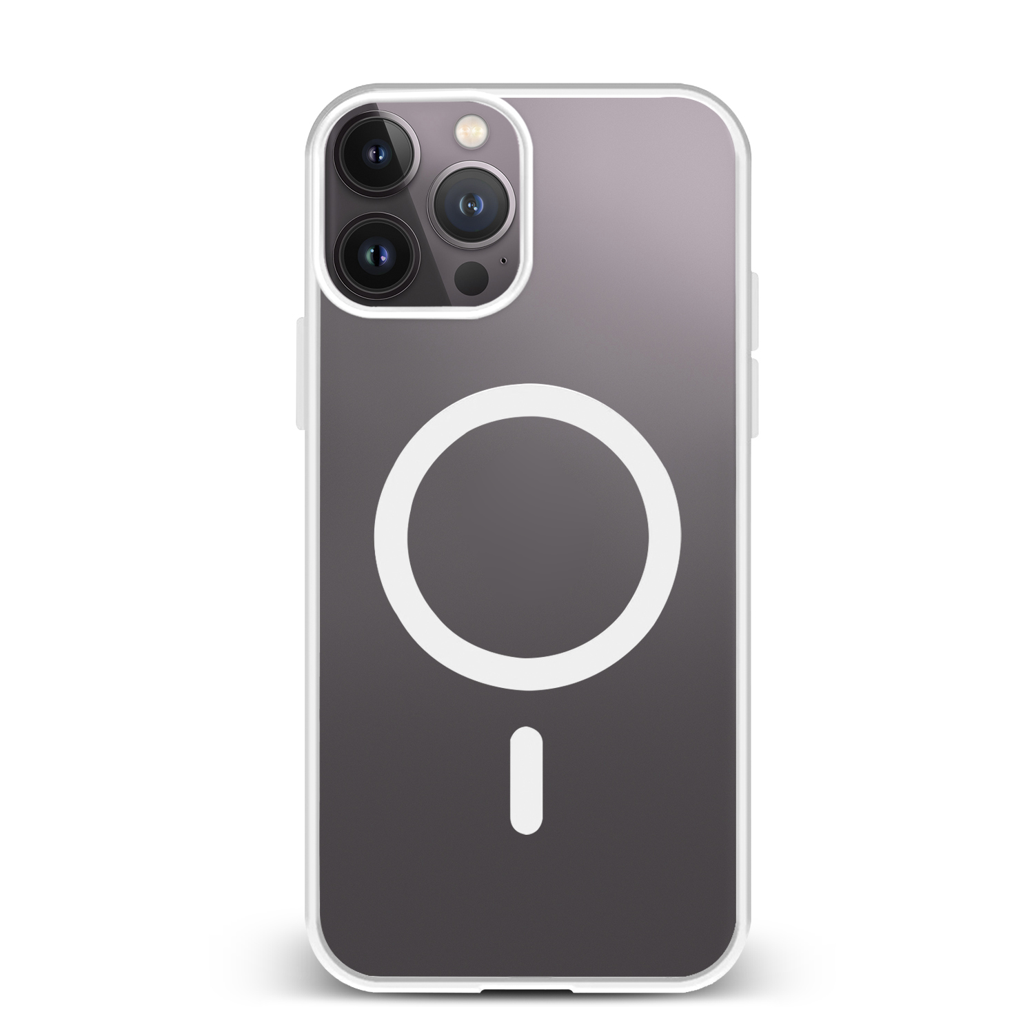 Custodia trasparente per telefono con retro sfumato viola, cerchio bianco e segno meno, e tre obiettivi.