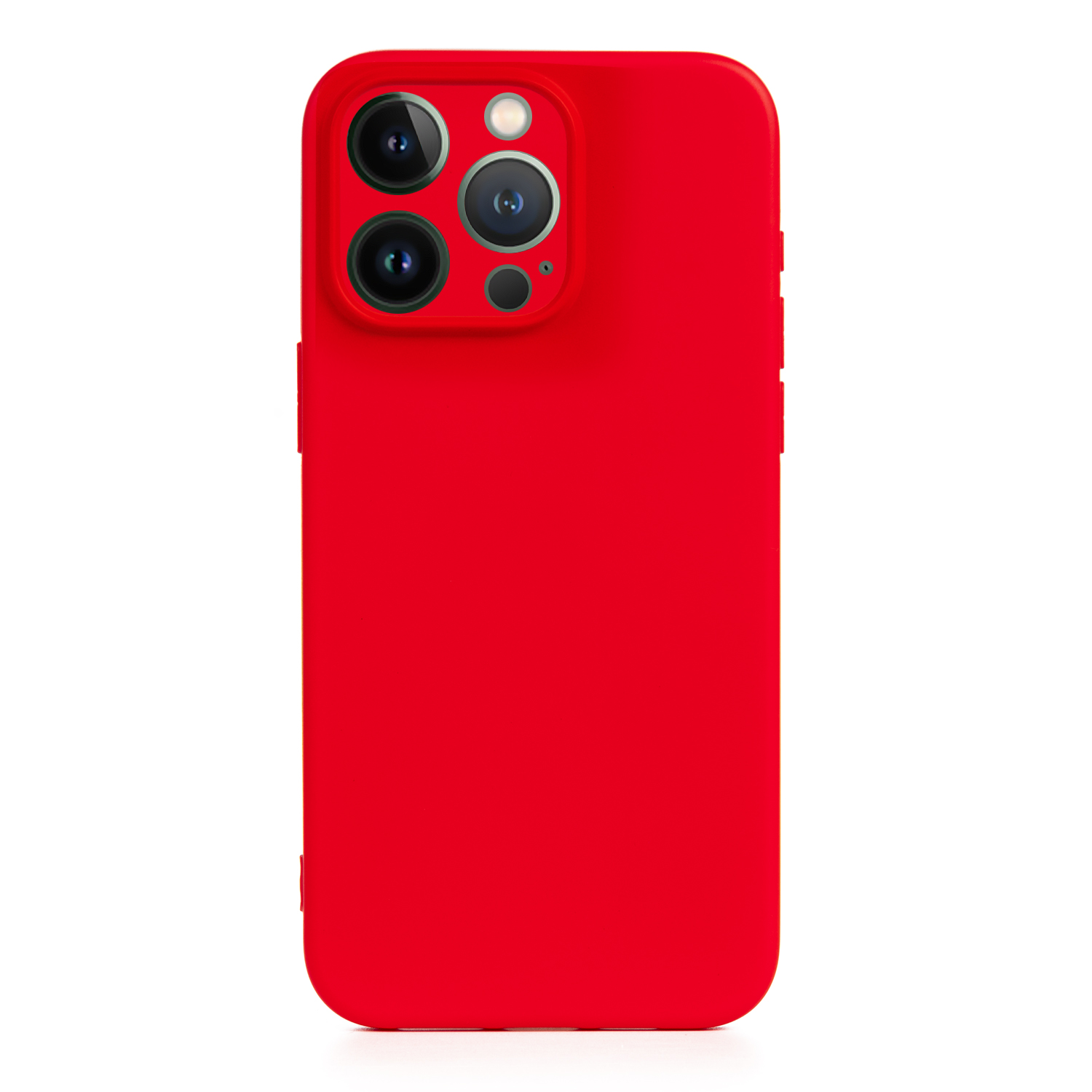 Telefono rosso con fotocamere sul retro. Sfondo bianco.