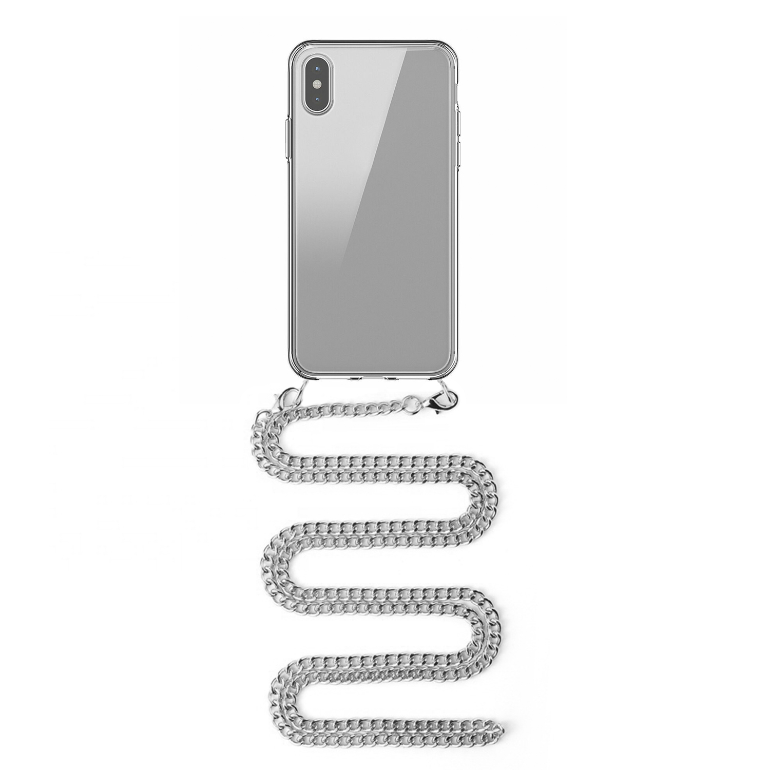 Un telefono in una custodia trasparente con una catena d'argento. La catena è ondulata.