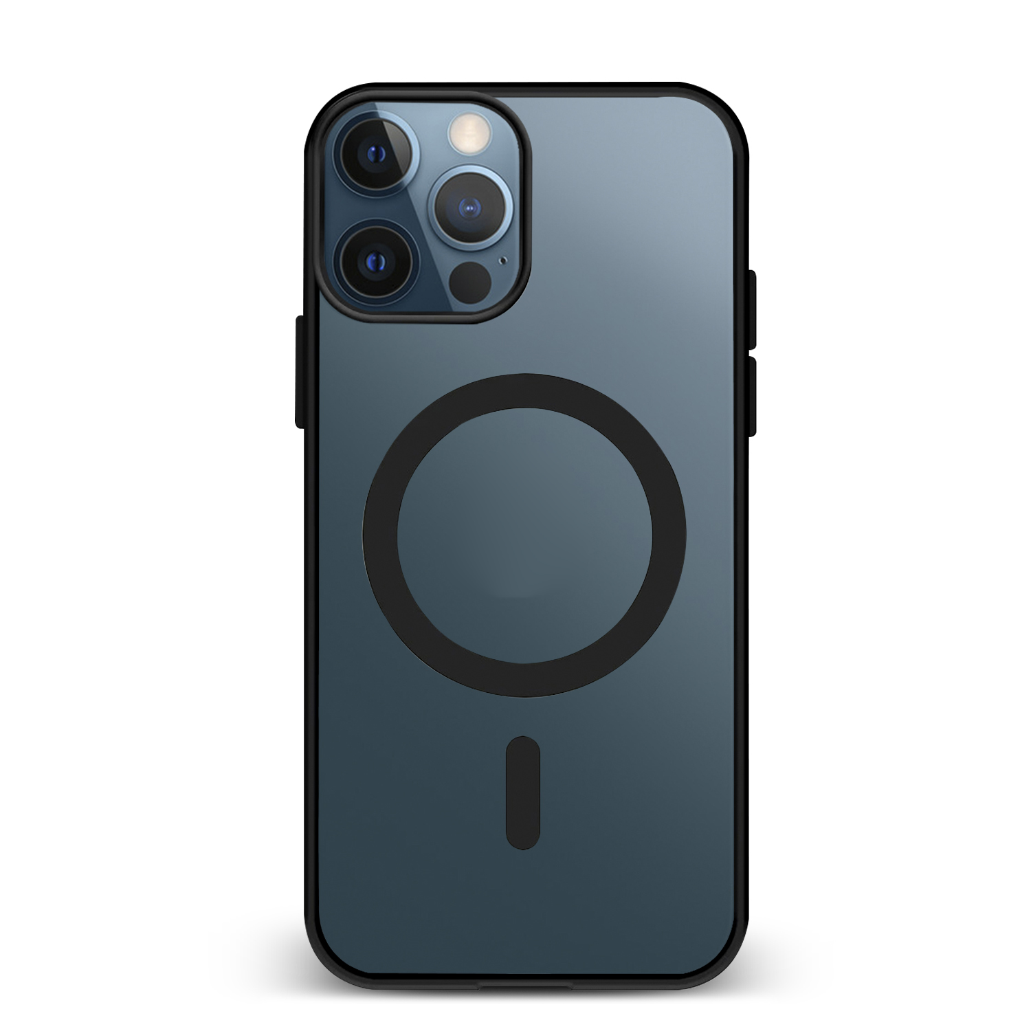 Blaue iPhone-Hülle mit drei Kameralinsen und einem schwarzen Kreis, auf weißem Hintergrund.