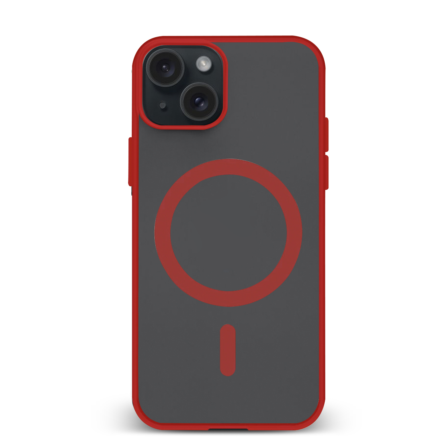 Custodia per iPhone con contorno e cerchio rosso. La custodia è grigio scuro.