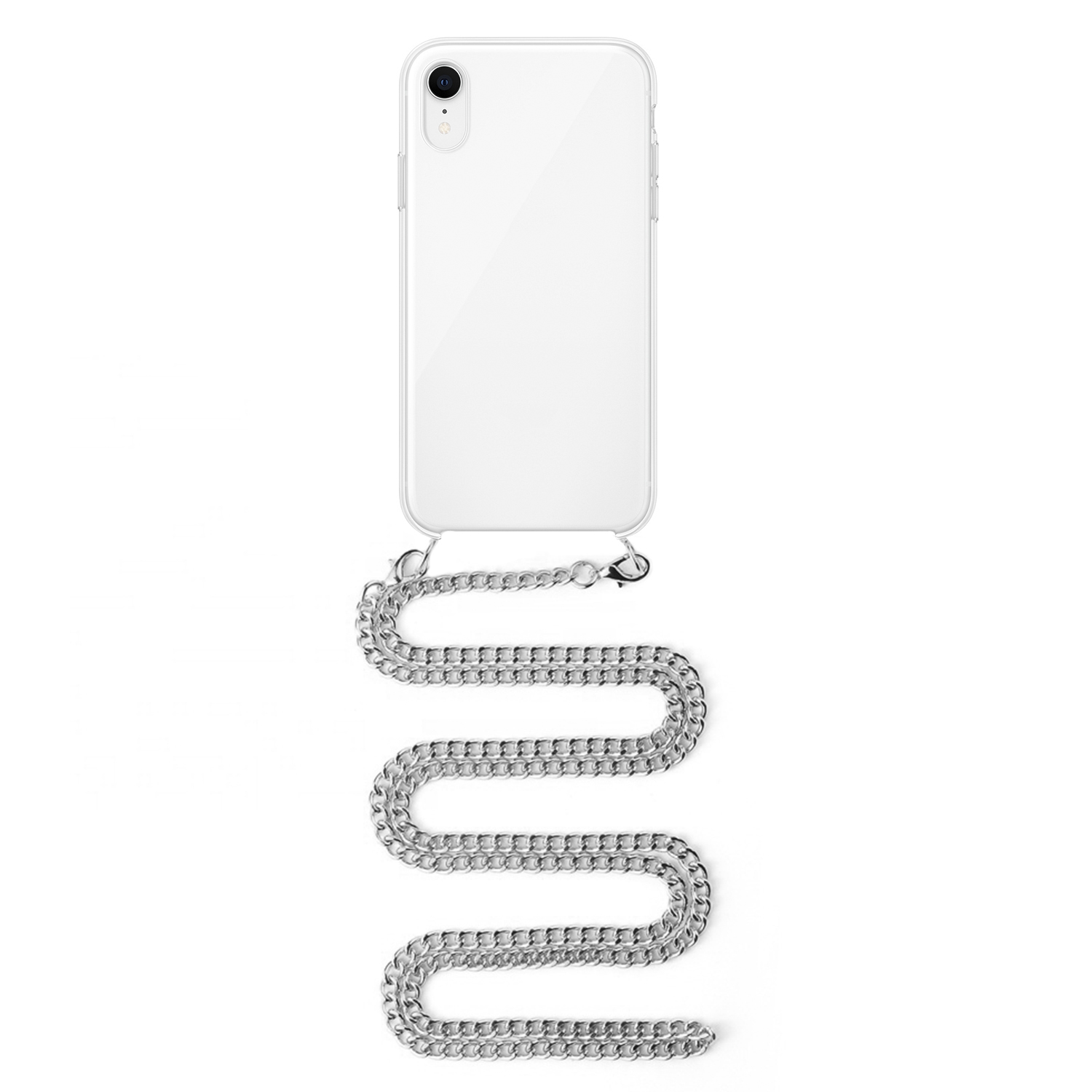 Telefono bianco in una custodia con catena. Sfondo bianco.