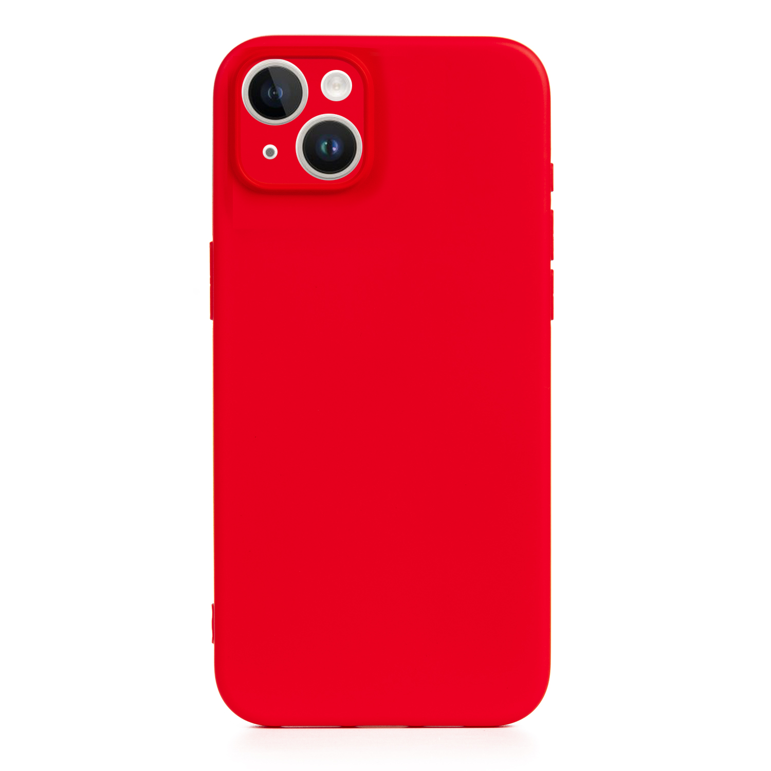 Custodia rossa per telefono con modulo fotocamera su sfondo bianco.