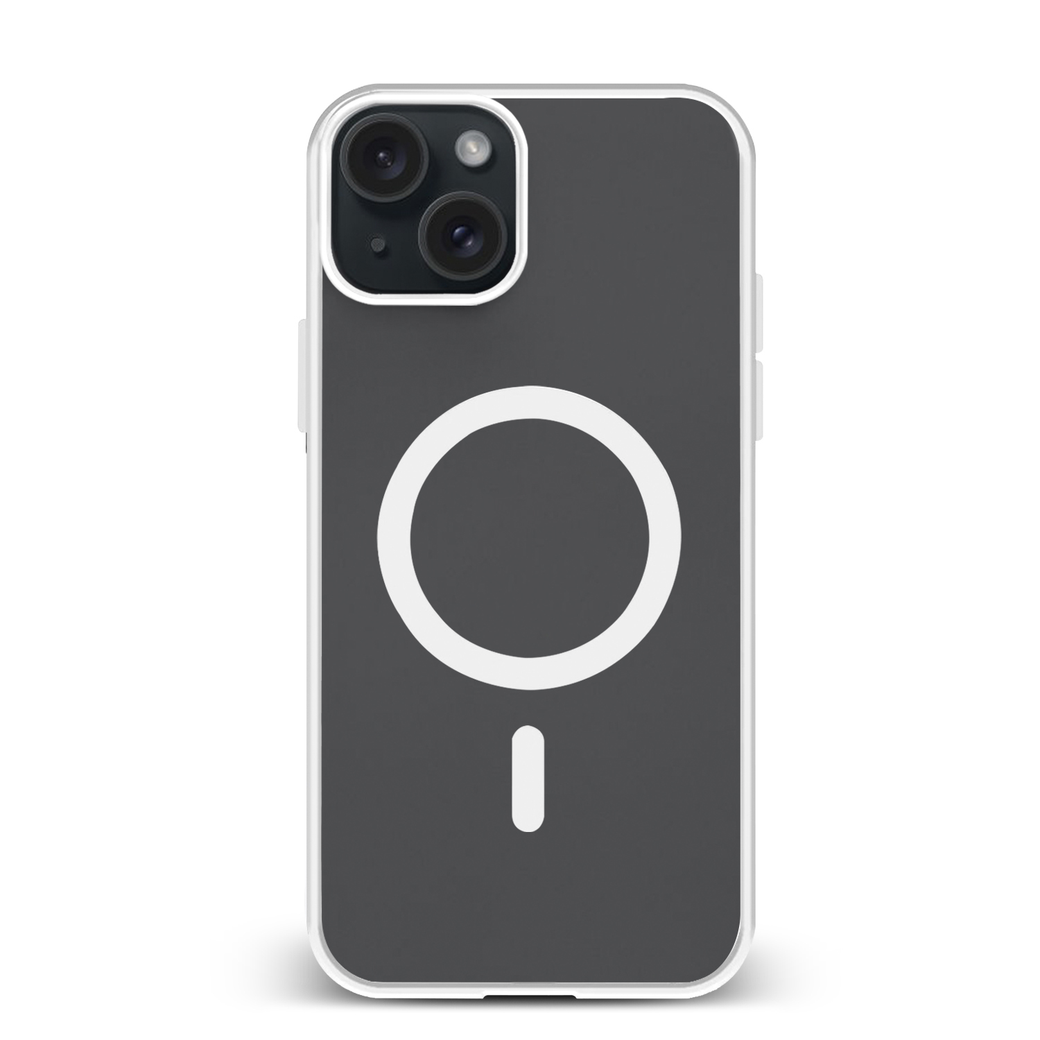 Custodia nera per iPhone con cerchio bianco e segno meno su sfondo grigio.
