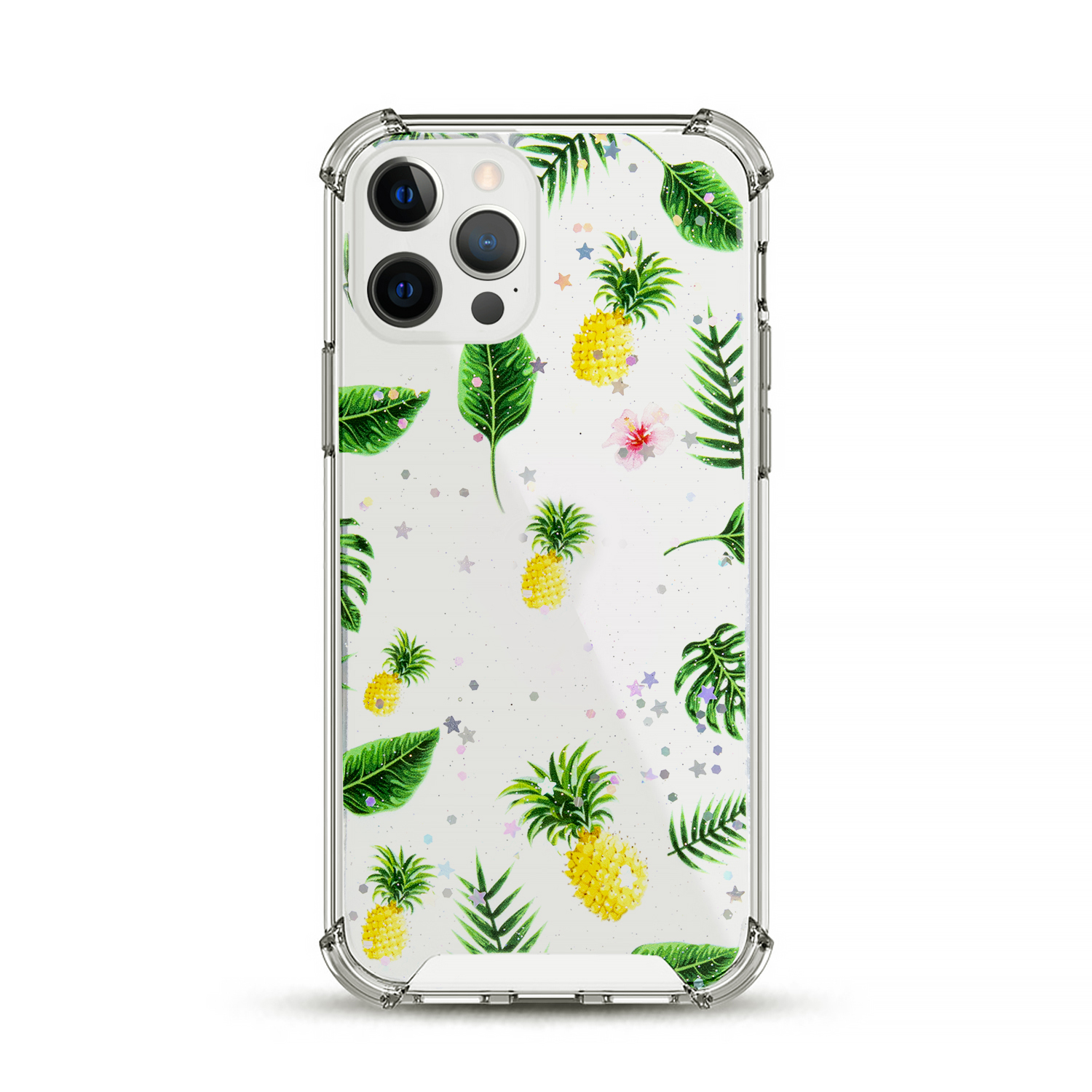 Custodia per telefono con motivo ananas e foglie. Trasparente con bordo argentato.