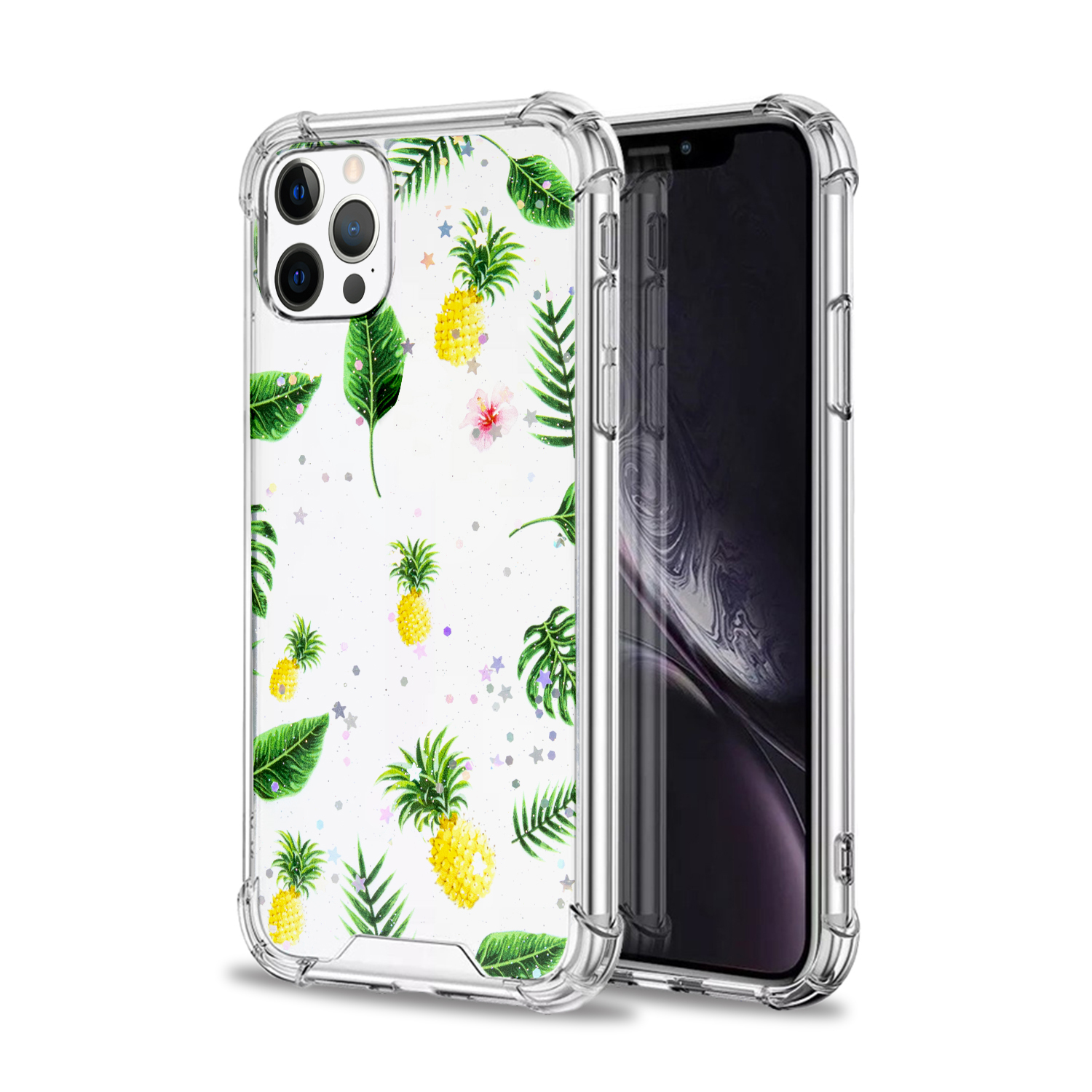 Un telefono in una custodia trasparente con disegni di ananas e foglie su sfondo bianco.