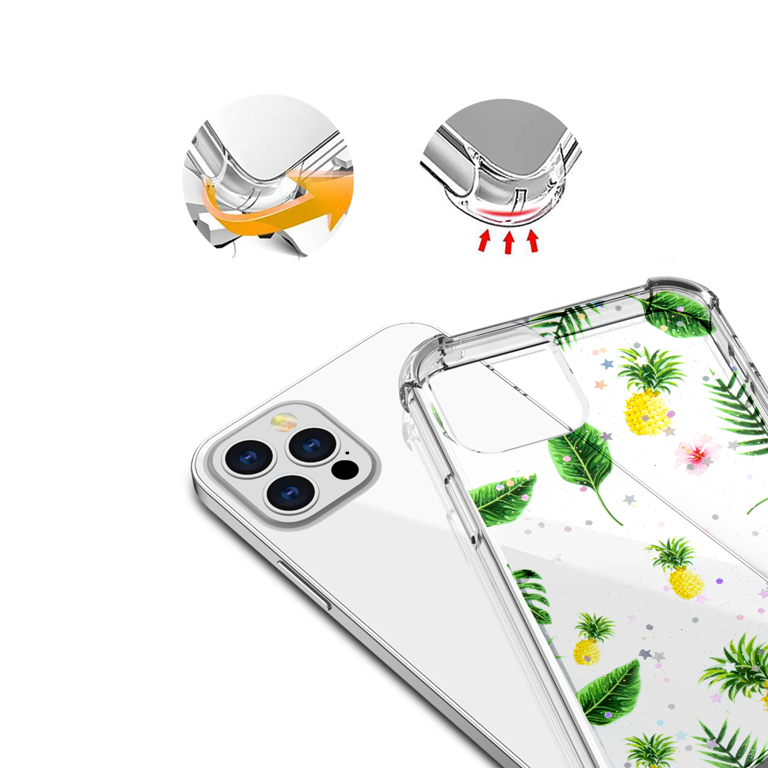 Custodia trasparente per telefono con design di ananas e foglie, primo piano.