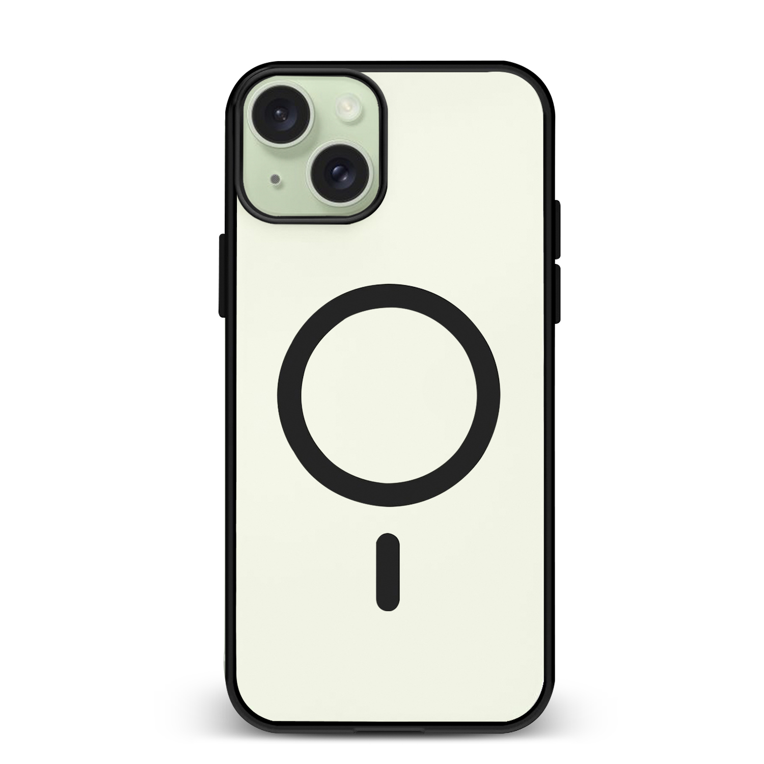 Custodia per telefono color crema con bordo nero e un cerchio nero con un segno meno.