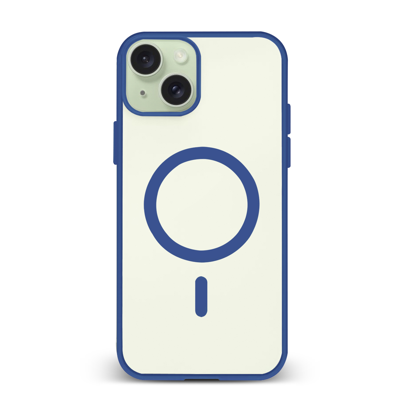 Custodia iPhone color crema con bordi blu e cerchio blu. La fotocamera del telefono è visibile.