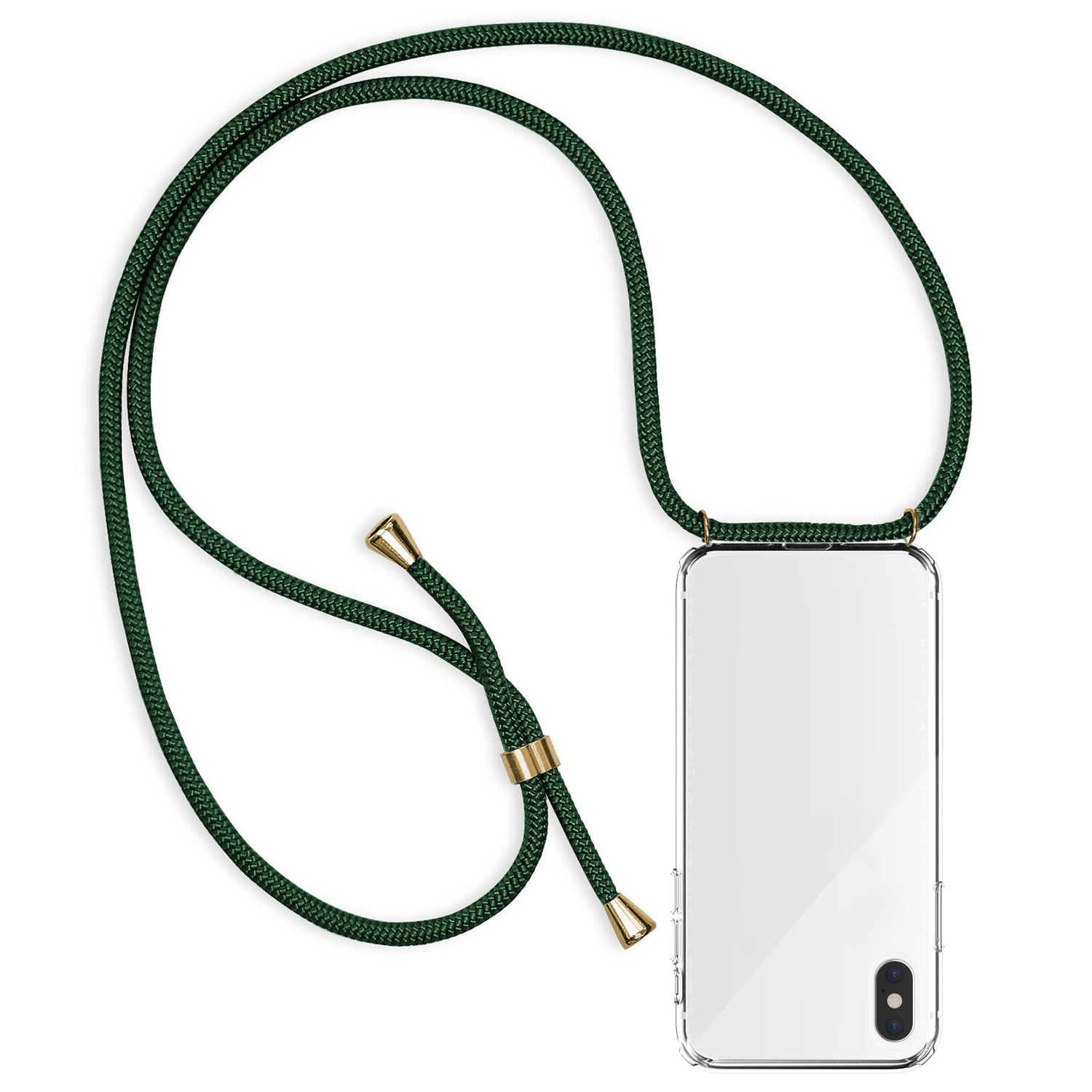 Una custodia trasparente per telefono con una corda verde. La custodia è attaccata alla corda.