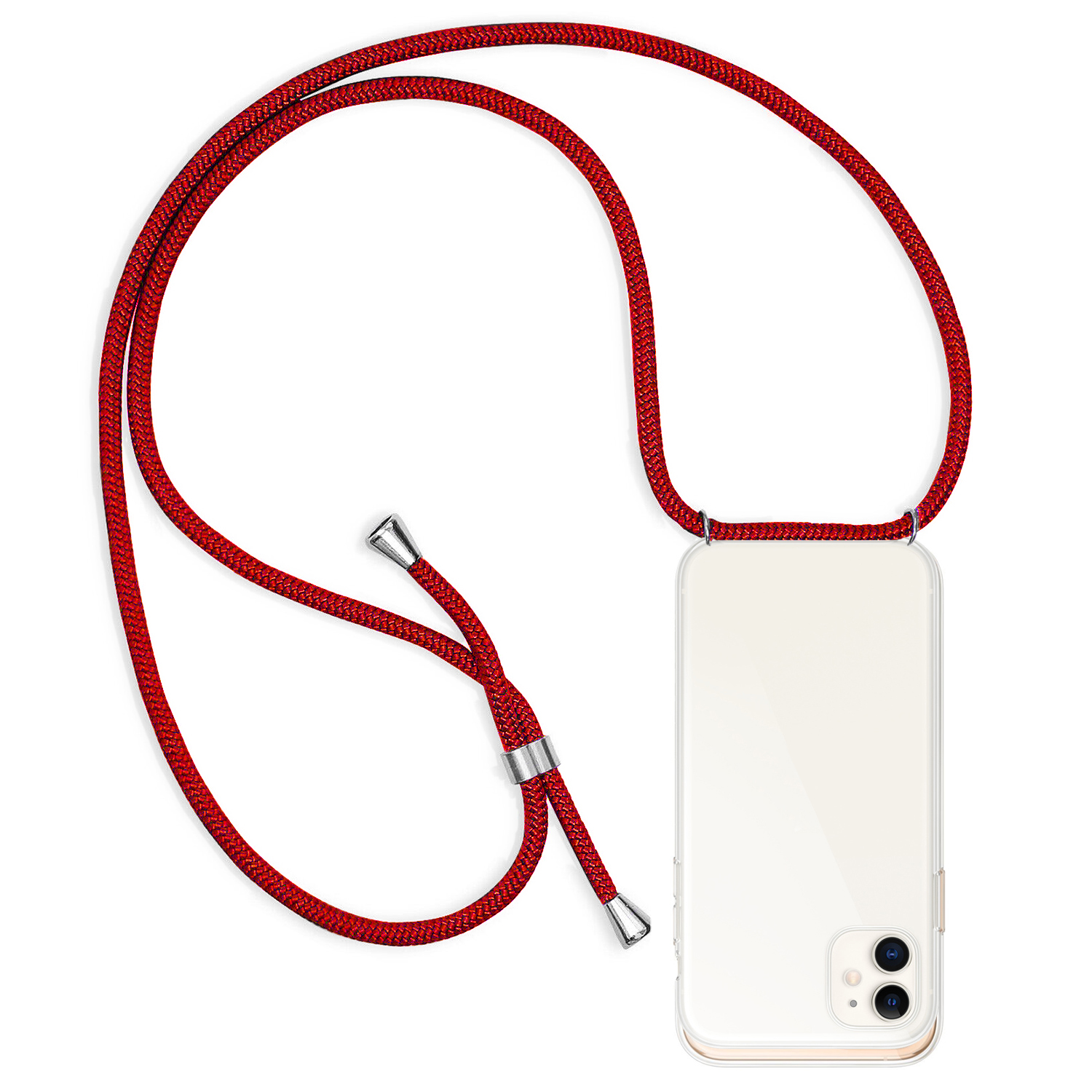 Un cinturino rosso per telefono attorno a una custodia trasparente, su una superficie bianca.