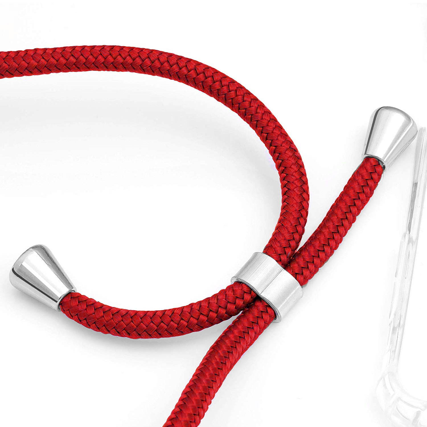 Lanyard rosso intrecciato per telefono con estremità metalliche argentate e supporto in plastica trasparente.