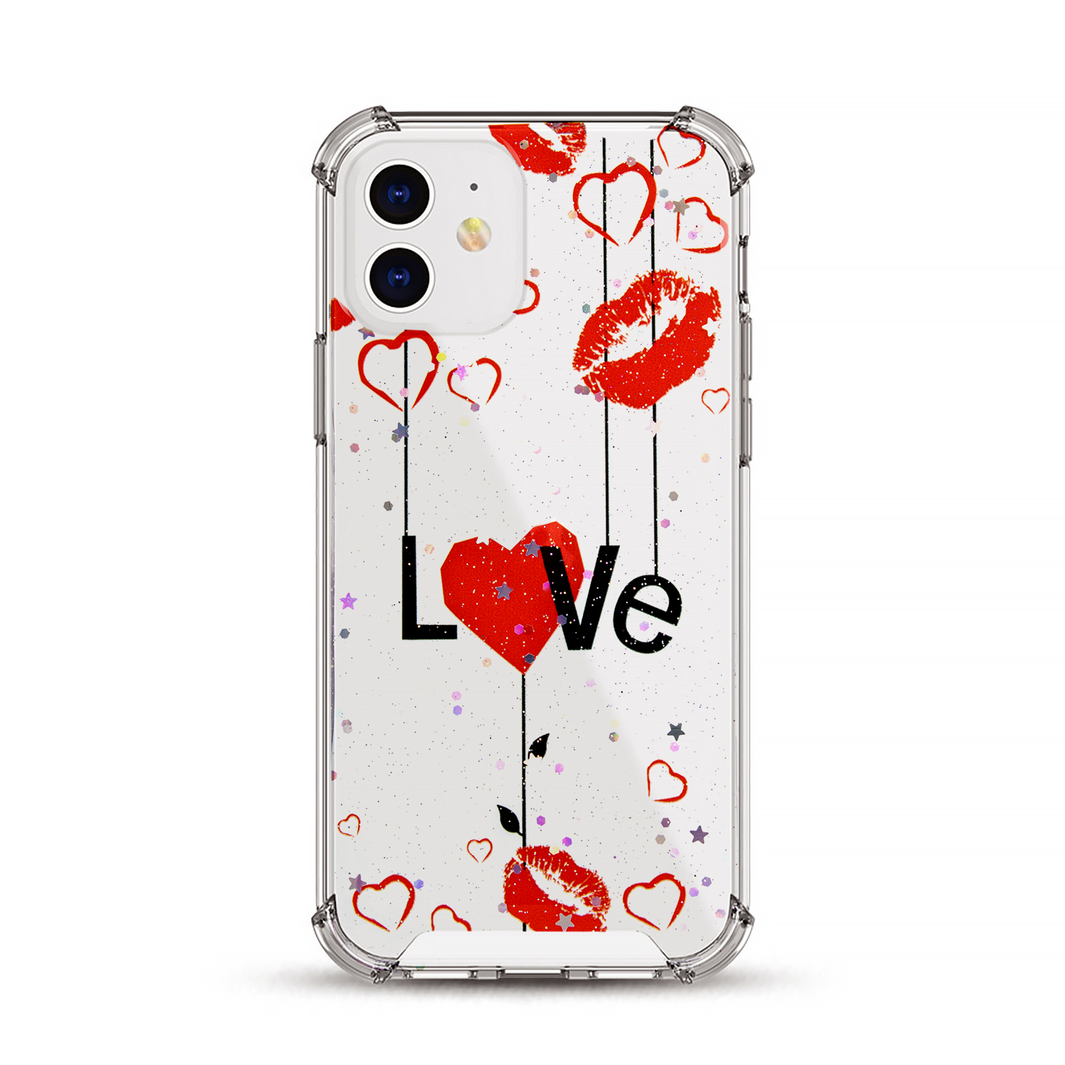 Una custodia per telefono con cornice trasparente, labbra rosse, cuori e la parola "Love" sul retro.