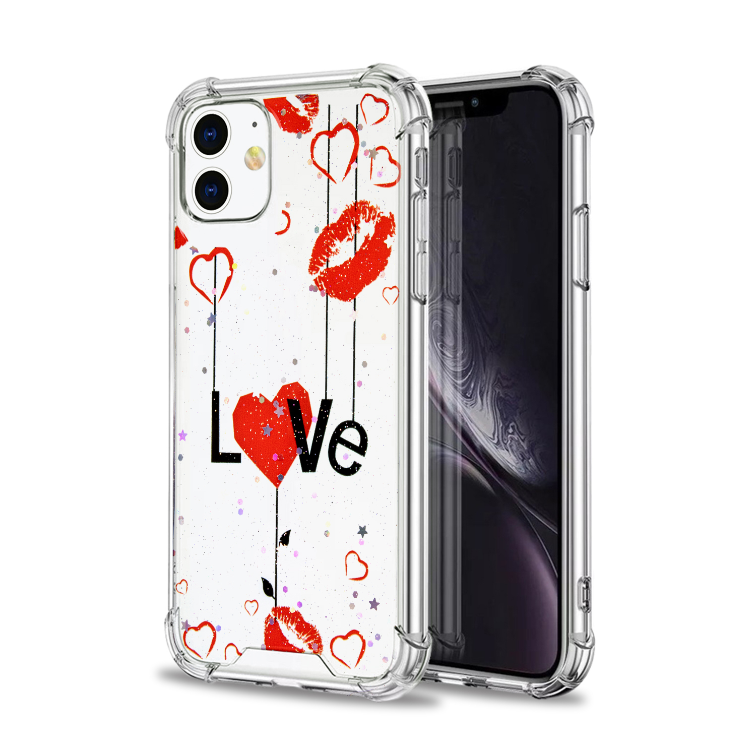 Custodia per telefono con cuori, labbra e la parola 'Love'. La custodia è trasparente con un telefono dentro.