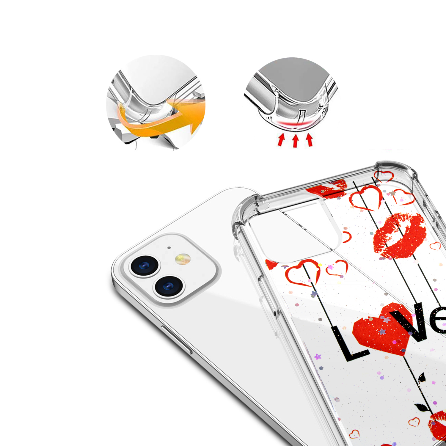 Una custodia per telefono con design a labbra e cuori rossi. La custodia è trasparente, con un telefono bianco all'interno.
