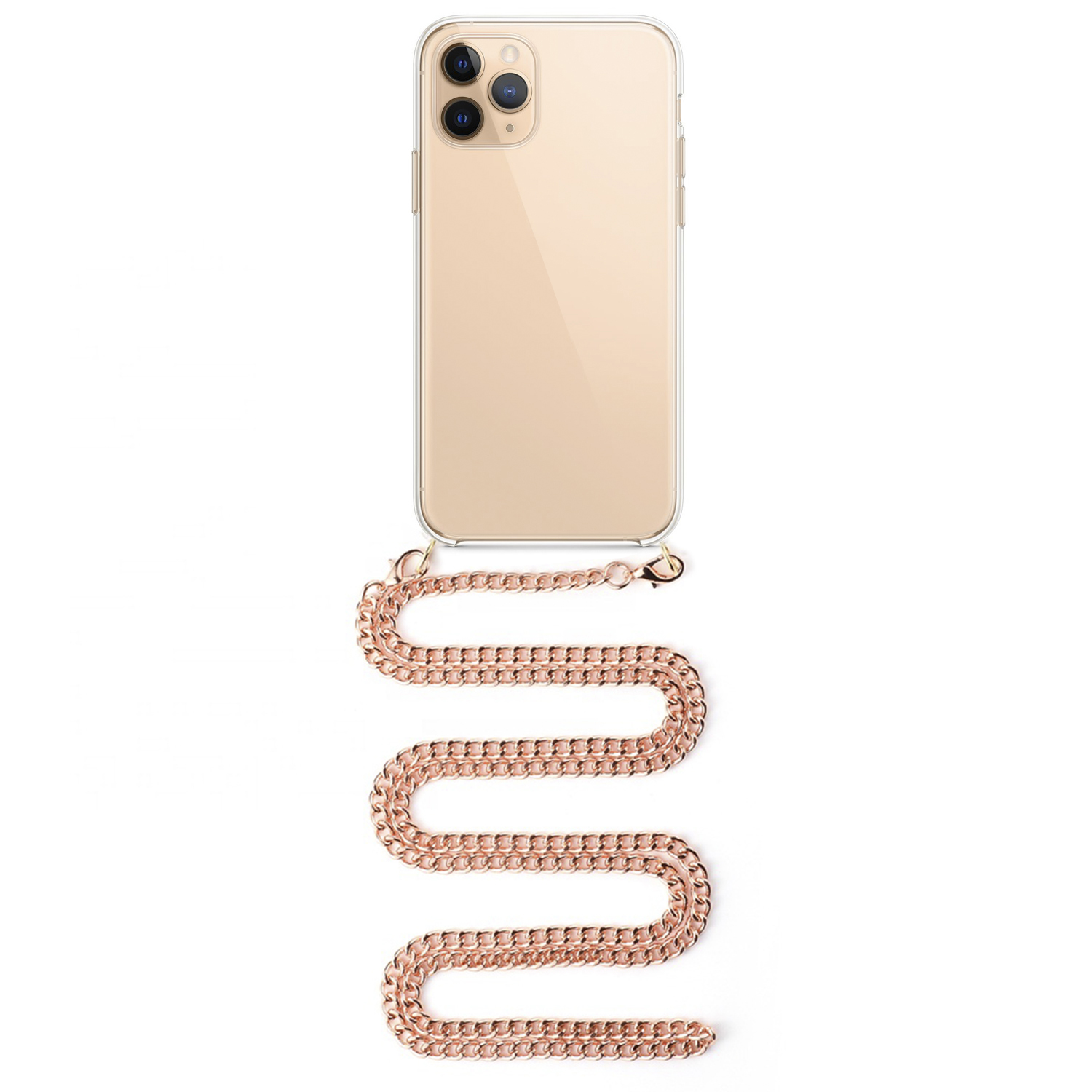 Custodia per telefono con collana a catena dorata, telefono nella custodia visibile, sfondo bianco.