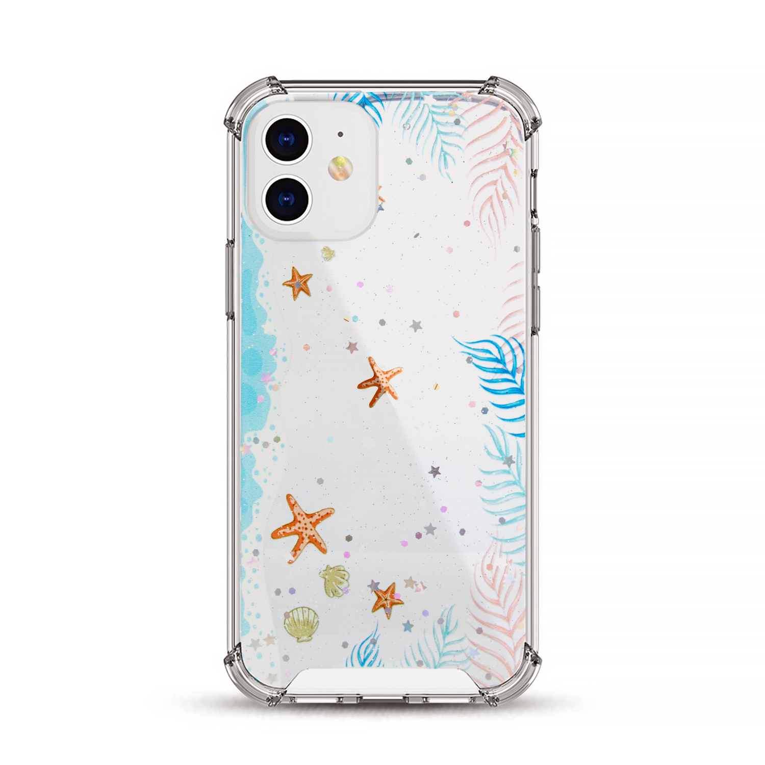 Custodia per telefono con design spiaggia, con stelle e conchiglie, sfondo bianco.