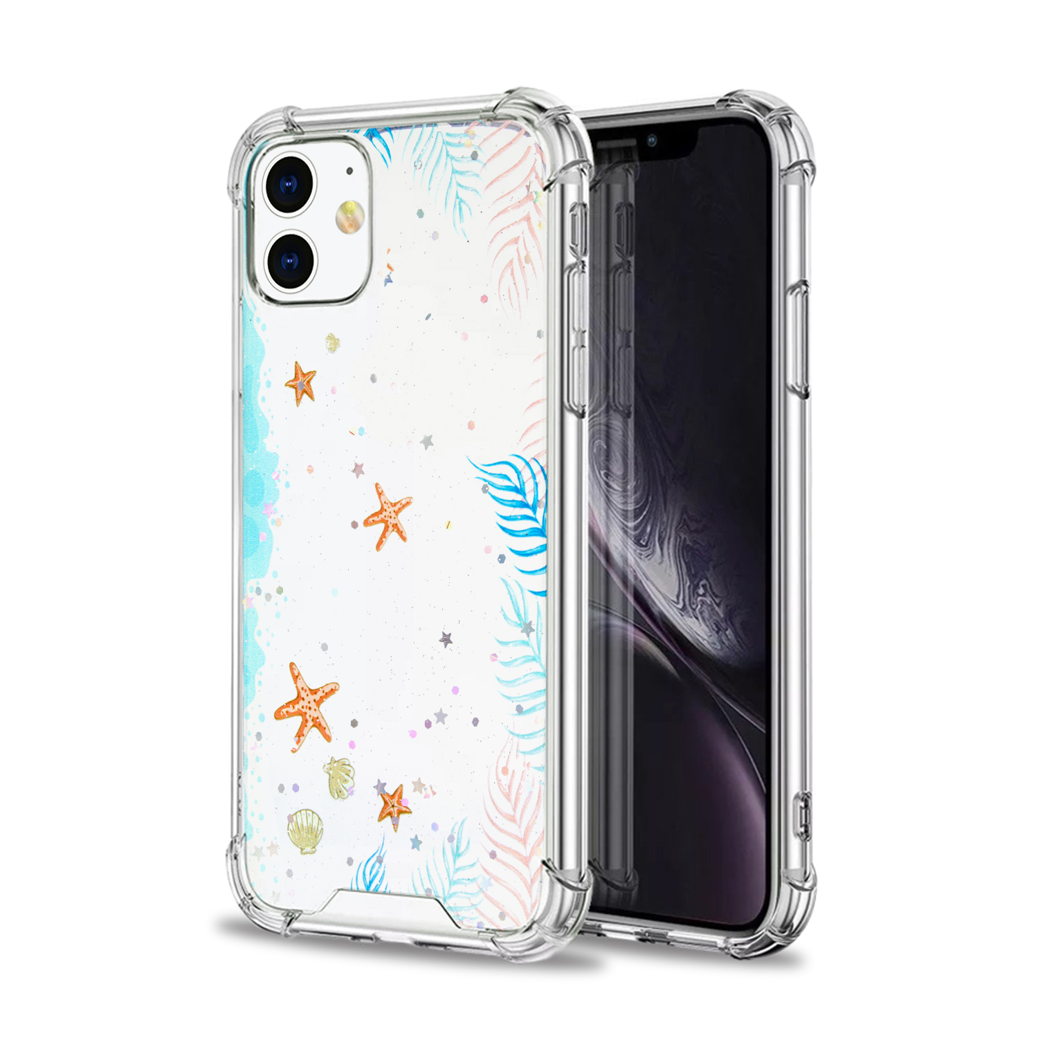 Custodia trasparente per telefono con disegni di oceano e stelle, su sfondo bianco.