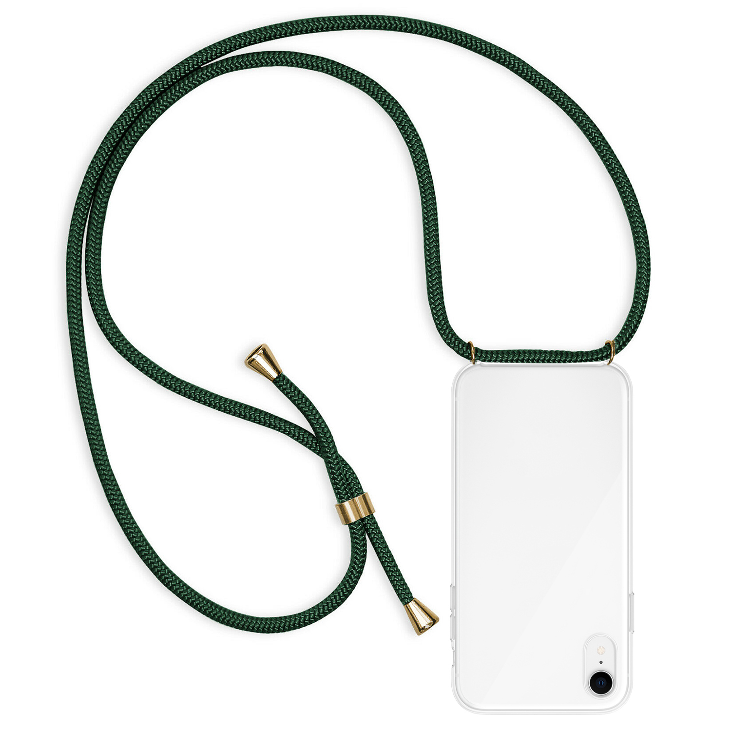 Cinturino per telefono verde con telefono e dettagli dorati. Sfondo bianco.