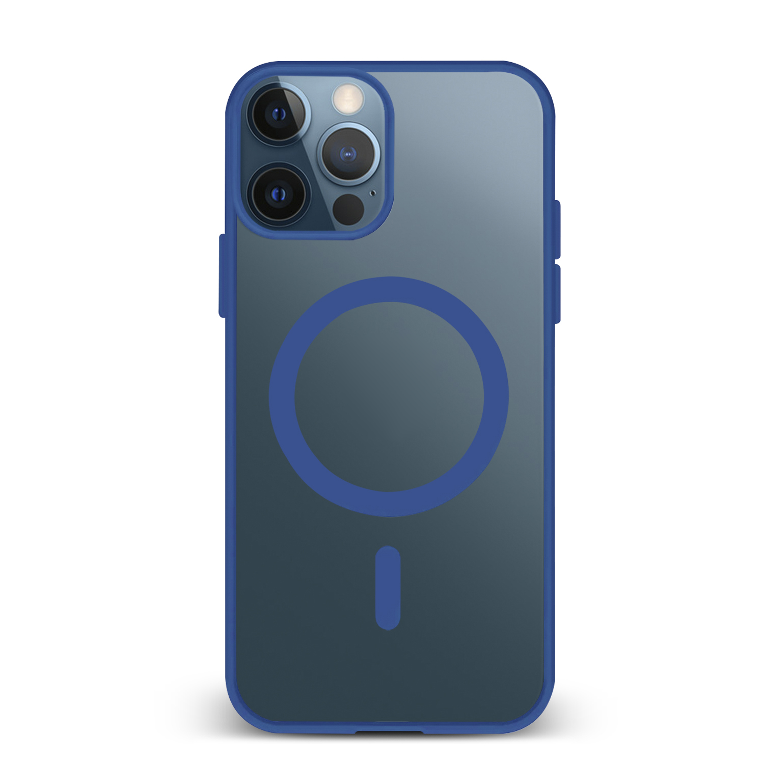 Una custodia blu per telefono con un cerchio trasparente. Uno sfondo bianco.
