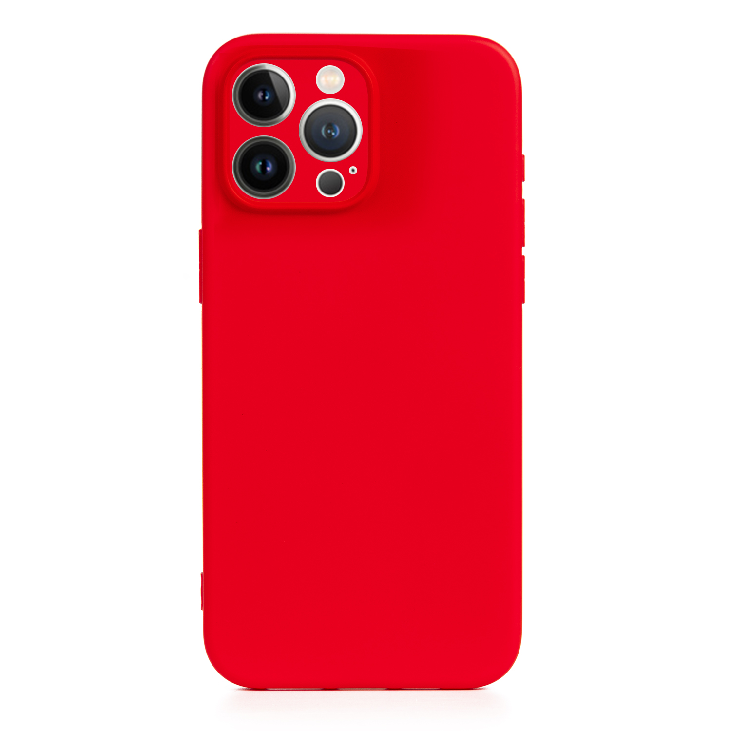 Custodia rossa per iPhone con tre obiettivi della fotocamera su sfondo bianco.