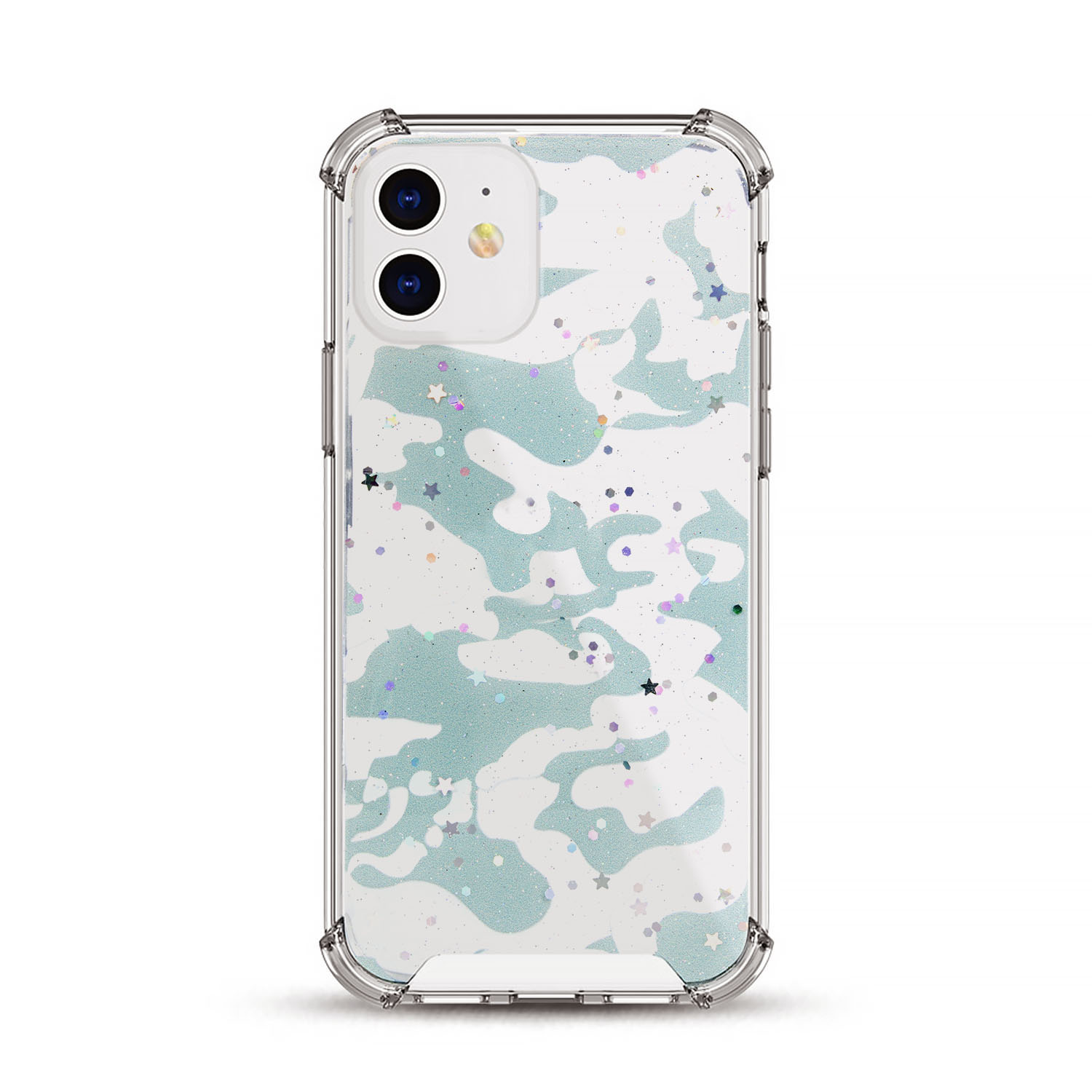 Custodia per telefono con design mimetico, stelle e glitter. Custodia trasparente con cornice argentata.