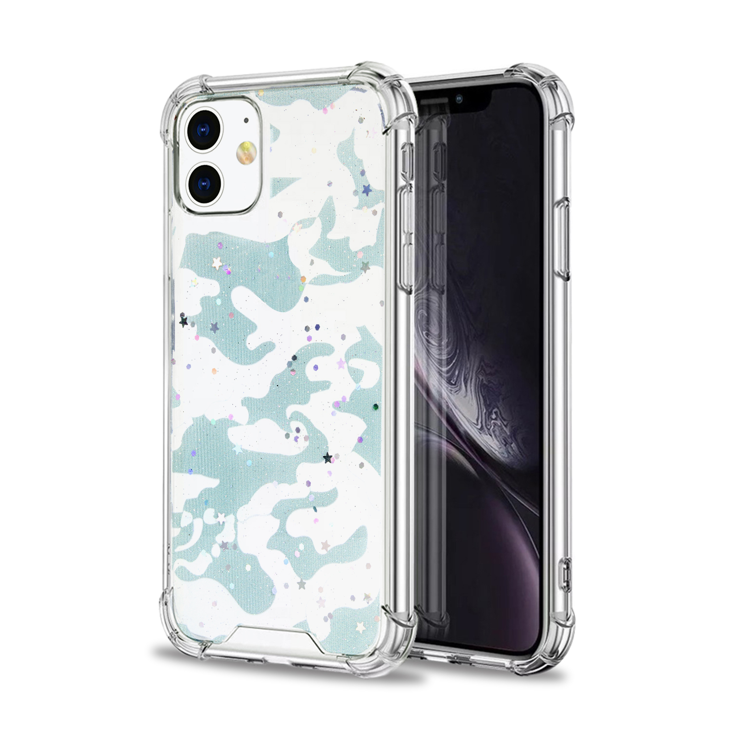 Custodia trasparente per telefono con motivo mimetico blu e bianco. Telefono all'interno. Sfondo bianco.