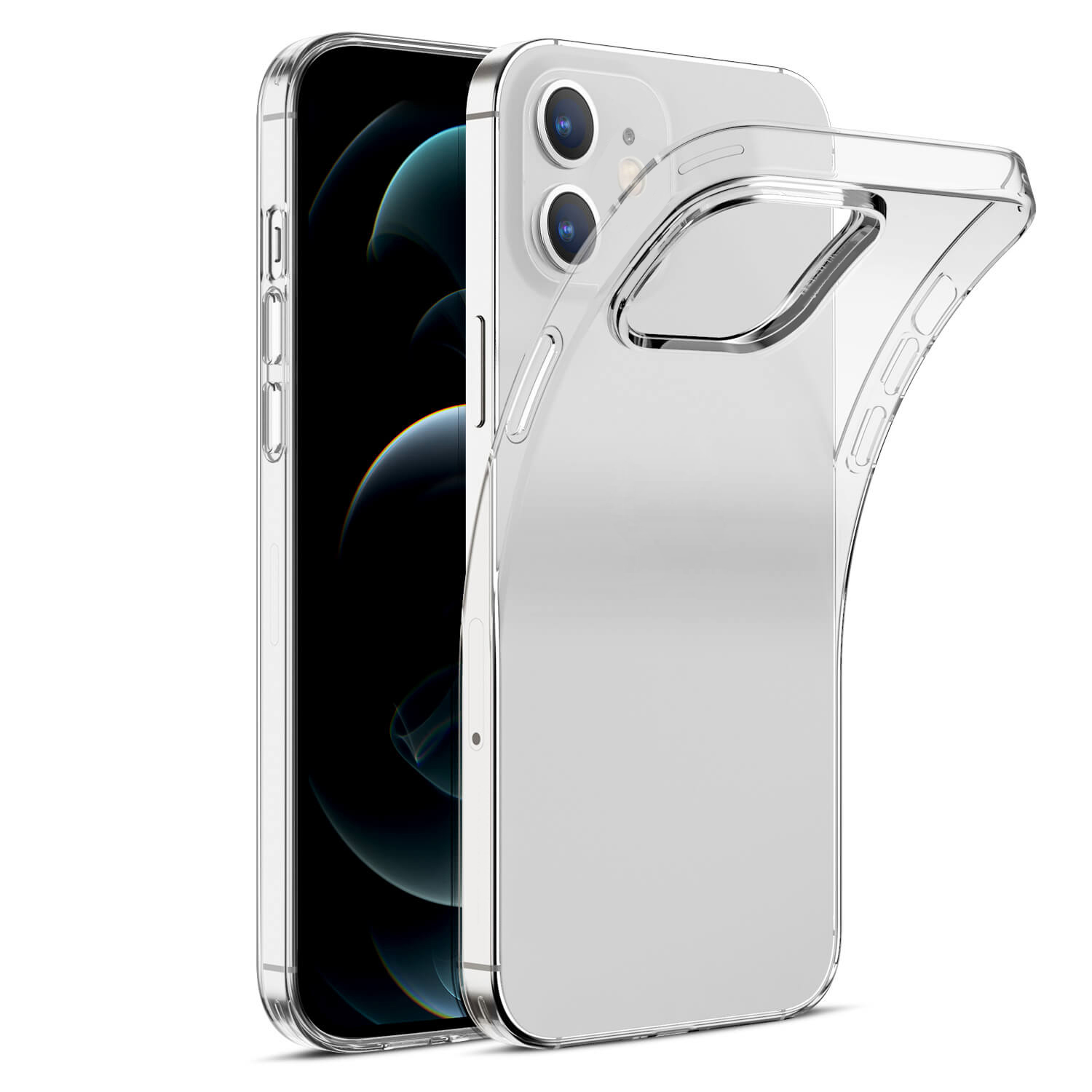 Un iPhone con una custodia trasparente. La custodia è aperta, rivelando il telefono.