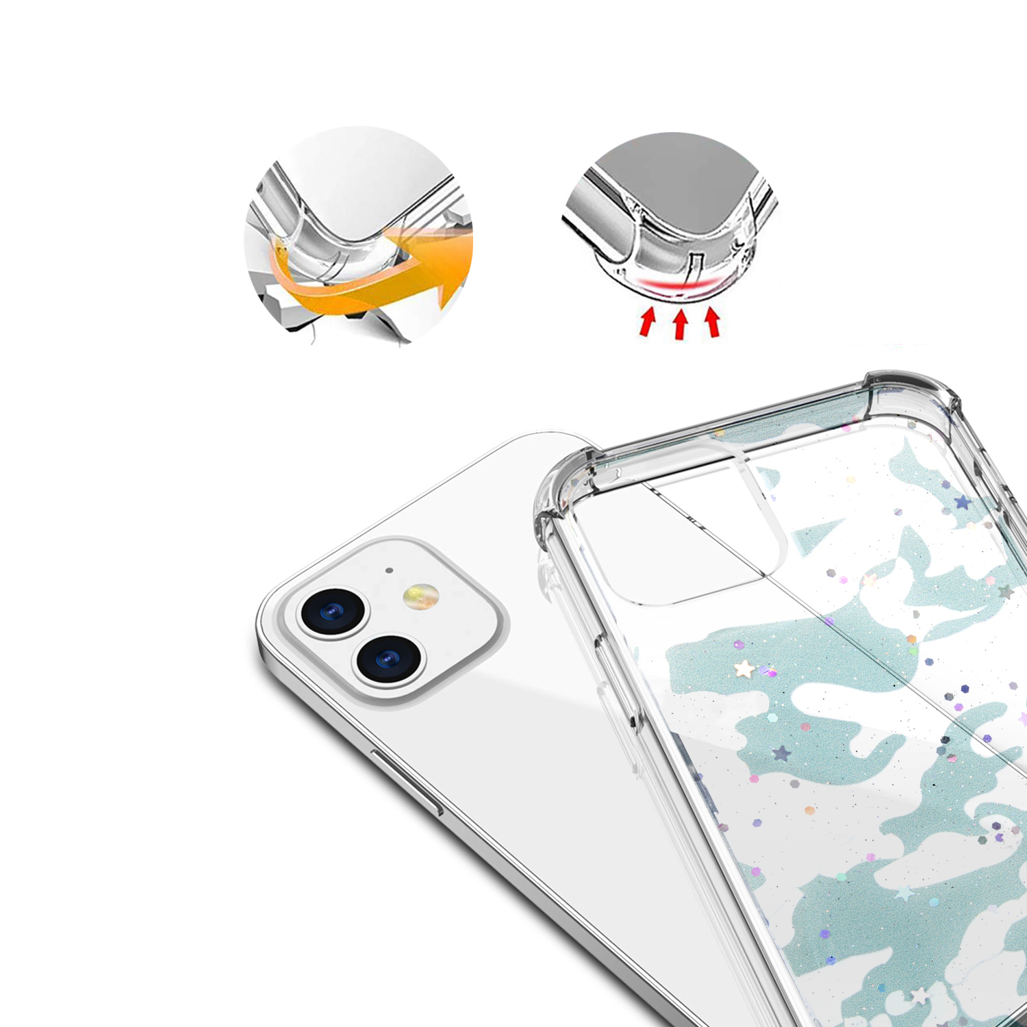 Un telefono in una custodia trasparente, con due diagrammi che mostrano i dettagli di protezione.