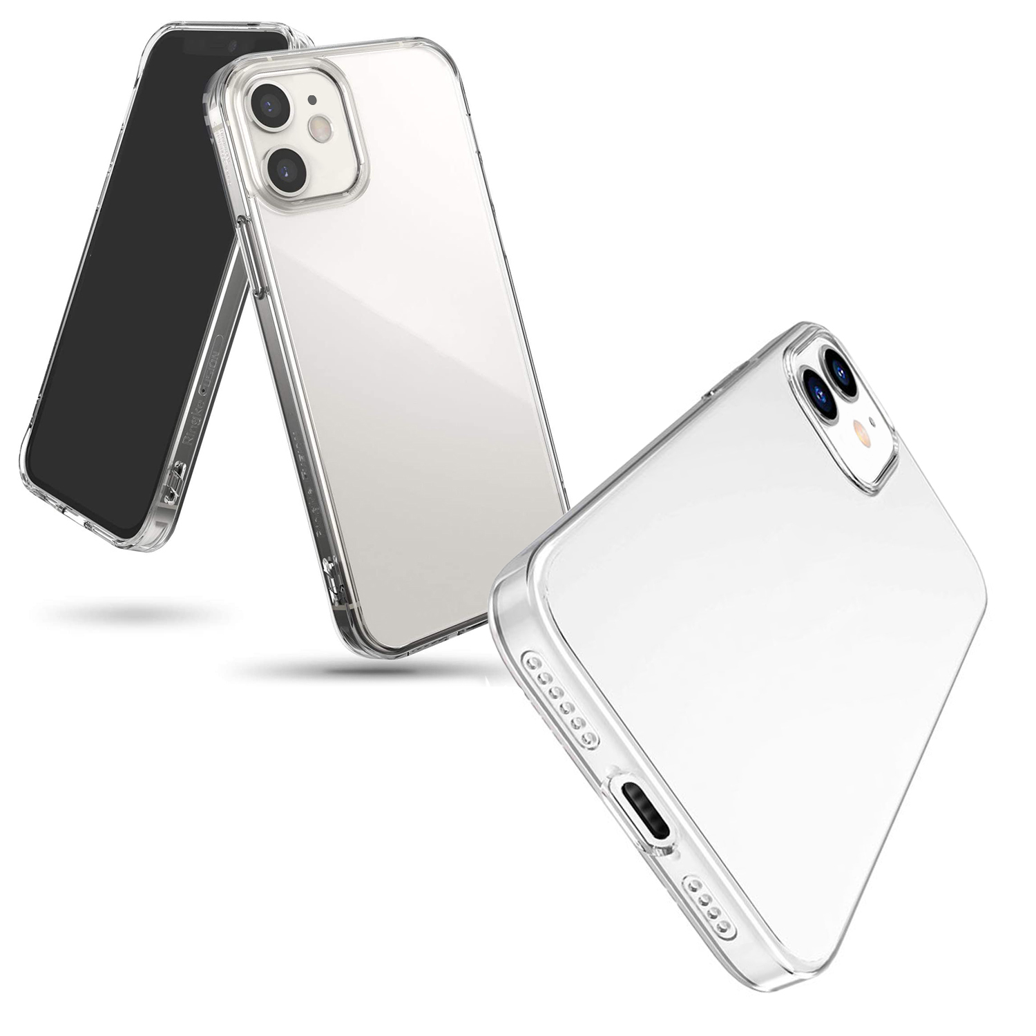 Tre custodie trasparenti per telefono angolate su sfondo bianco. Due custodie sono in posizione verticale e una è angolata per mostrare lo schermo nero.