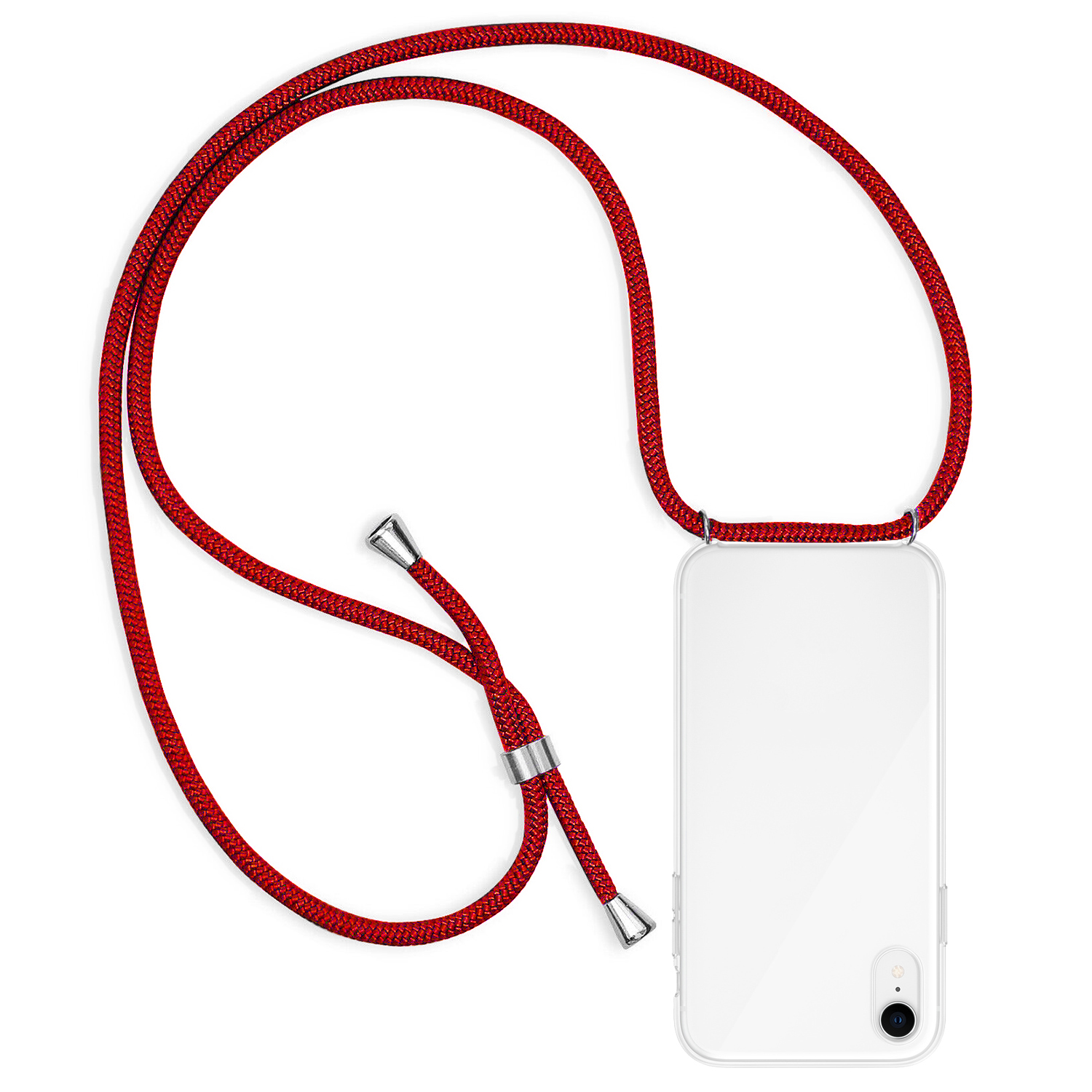 Un telefono con custodia trasparente e cordino rosso pende su sfondo bianco.