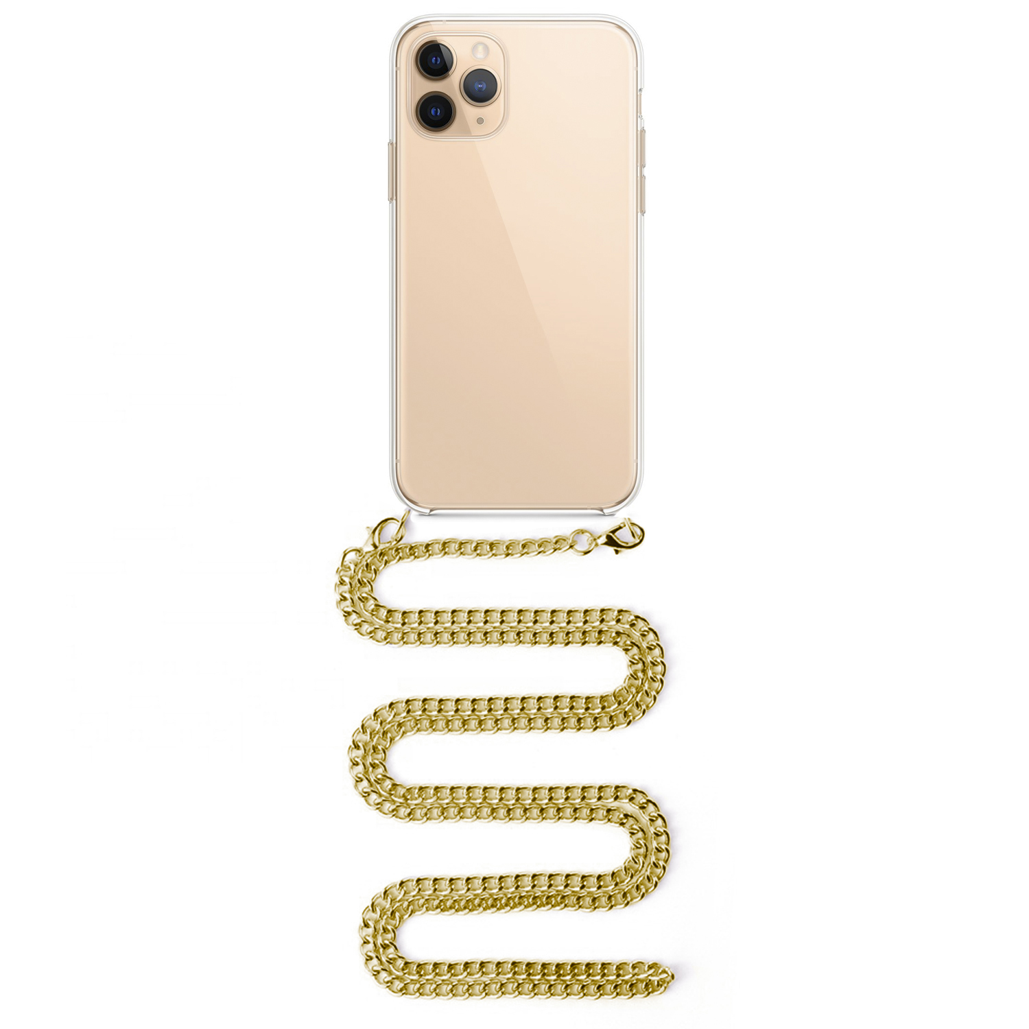 Un telefono in una custodia trasparente con una catena d'oro. La catena è ad anello e pende verso il basso.