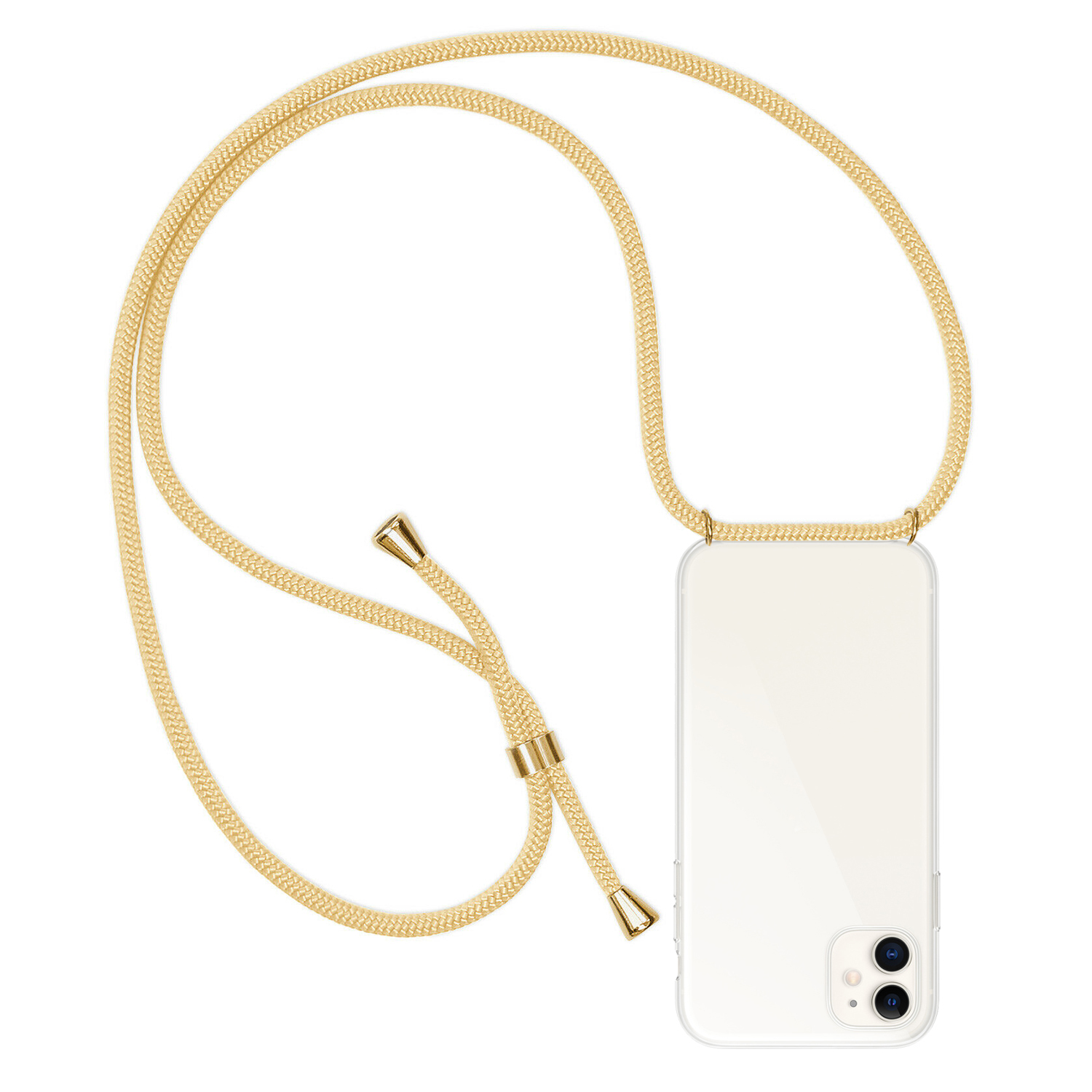 Un cinturino dorato per telefono con custodia attaccata, su sfondo bianco. Il cinturino è ad anello.
