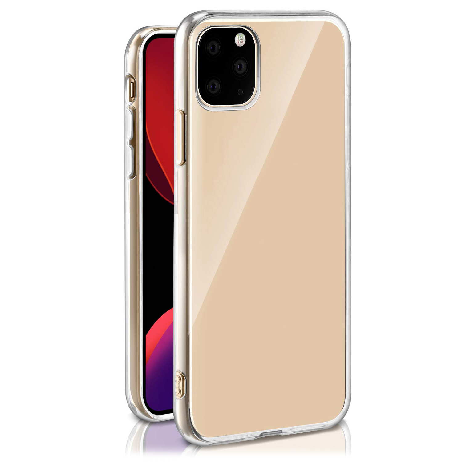 iPhone con custodia. Tripla fotocamera visibile. Custodia color pesca. Sfondo bianco.