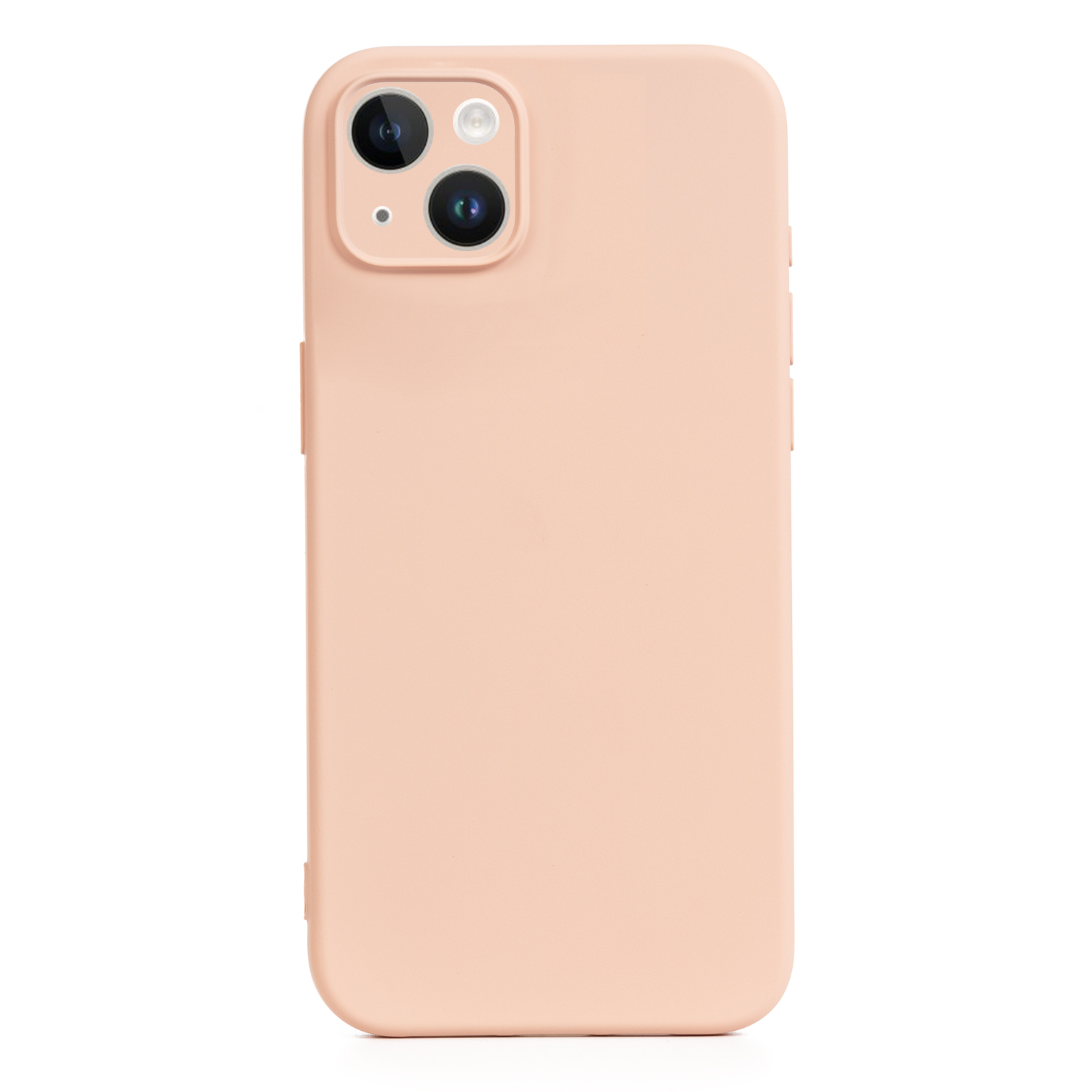 Una custodia per telefono color pesca. Ha due lenti della fotocamera e pulsanti laterali.