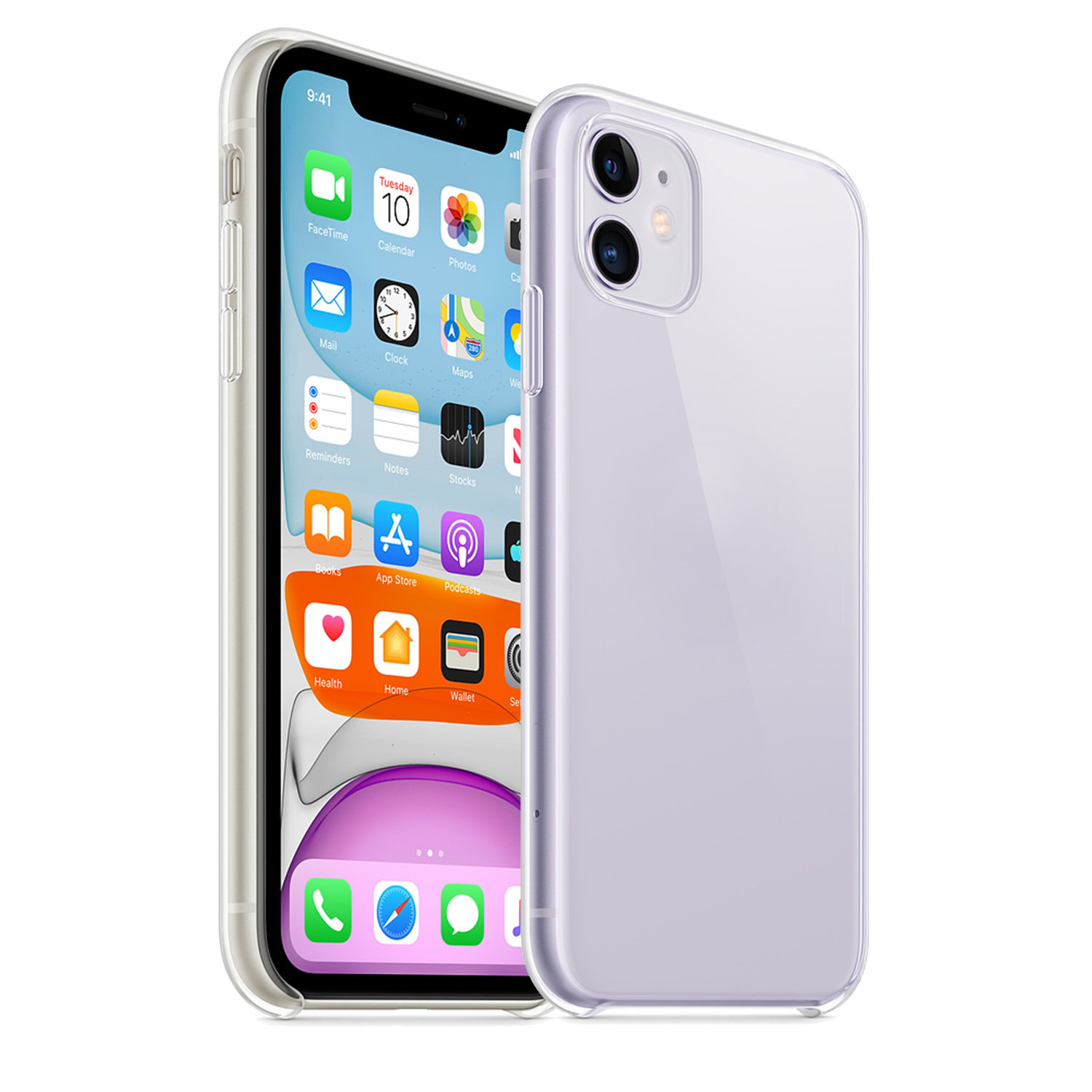 iPhone in una custodia trasparente, esposto accanto alla custodia, che mostra lo schermo del telefono.