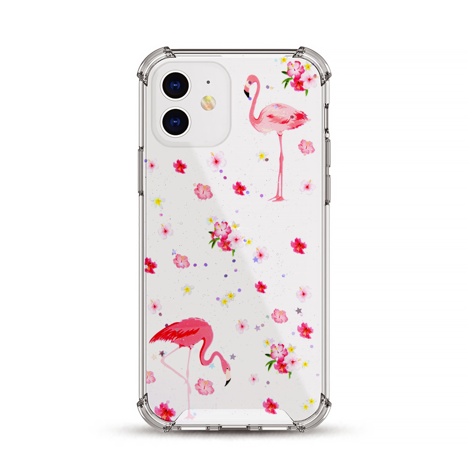 Una custodia per telefono con un design di fenicottero, fiori rosa e bordi protettivi trasparenti.